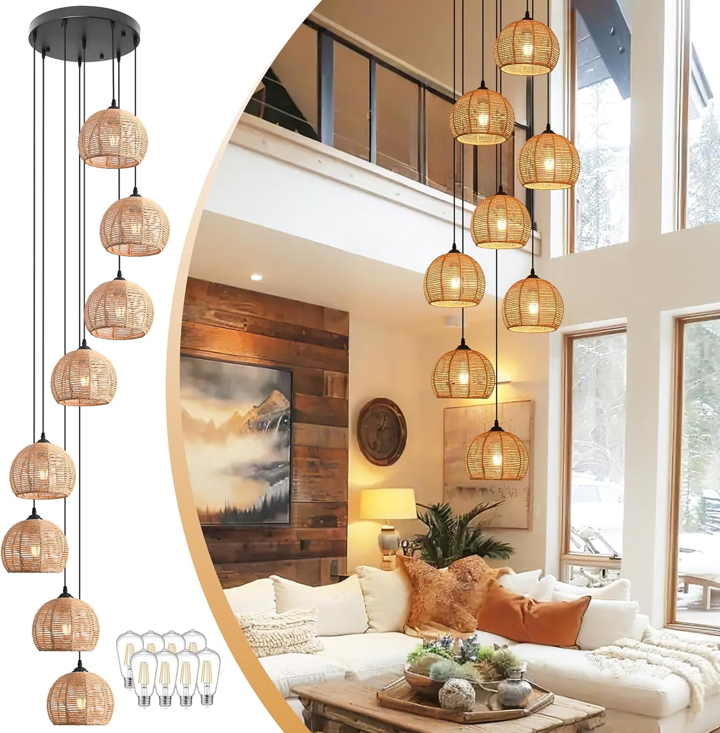 8-Light Woven Foyer Chandeliers for High Ceiling H100",8 Dome Boho Rattan Pendant Lights Farmhouse Ceiling Light,rustic Hemp rope Light Fixture For Living Room Hallway Staircase Entryway (Bulb Incl.