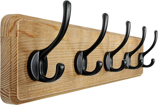 Dseap Coat Rack Wall: Patented, Heavy-Duty, 17.4" Long 5-Double-Hooks Wooden Wall Mounted Coat Rack Coat Hanger Hook Rail for Winter Coats Hat Jacket Clothing, Weathered Brown