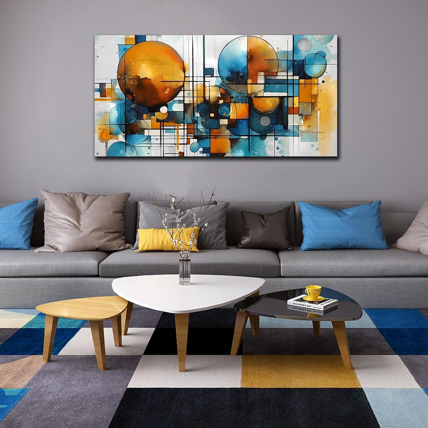 ENTANUB Abstract Canvas Wall Art for Living Room, Circle Wall Decor for Bedroom, Orange and Blue Canvas Print Paintings Artwork, Size 24x48 Inches