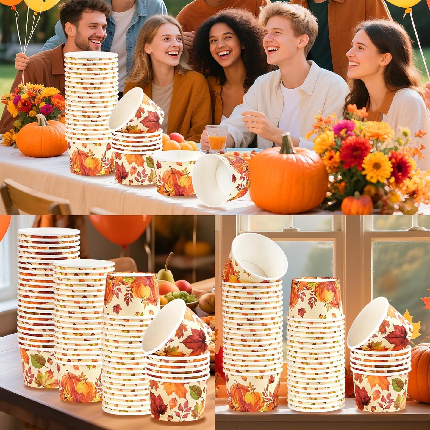 Grencian 120 PCS Fall Paper Cups 12 oz Maple Leaves Pumpkin Snack Bowls Disposable Autumn Thanksgiving Dessert Cups for Fall Thanksgiving Halloween Harvest Party Snacks Candies Party Supplies