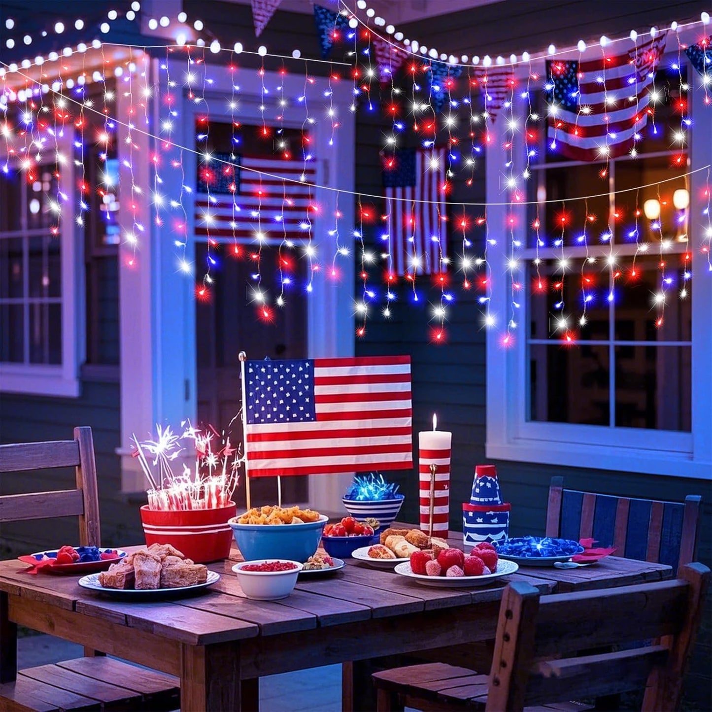 33ft 400LED Red White and Blue Lights for 4th of July Decorations Outdoor Independence Day Decorations Icicle Light for Outside, Clear Wire Connectable Twinkle Light for House Party Holiday Patio Yard