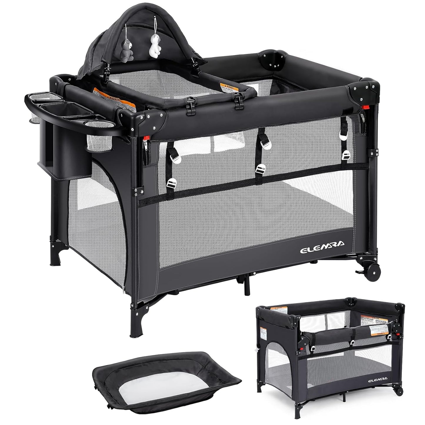 ELEMARA 5 in 1 Pack and Play, Adjustable Baby Bedside Bassinet Sleeper,1-Second Setup Foldable Playard from Newborn to Toddles,Bedside Crib with Changing Table,Portable Travel Bassinet,Ziper Door,Gray