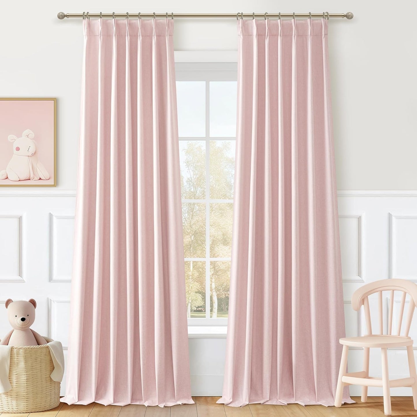 Baby Pink Black Out Curtains 96 Inch Long for Grils Bedroom 2 Panels Set, Cute Pinch Pleat Flax Linen Room Darkening Window Drapes with Back Tab for Dining Room Insulated Soundproof Curtain 96 Inches