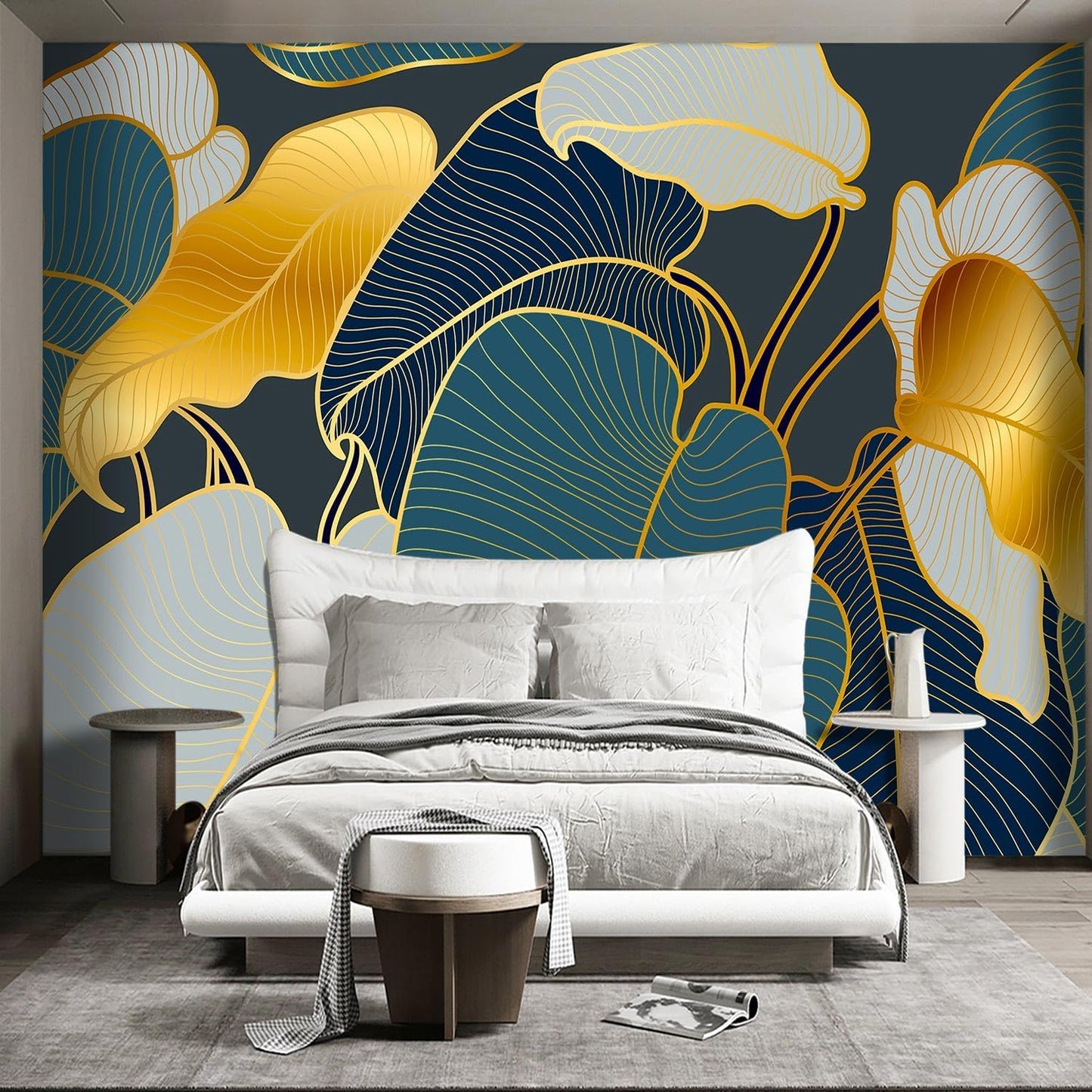 Golden Botanical Leaf wallpeper Living Room Bedroom Wall Mural - 137"x96"（Not Peel and Stick）