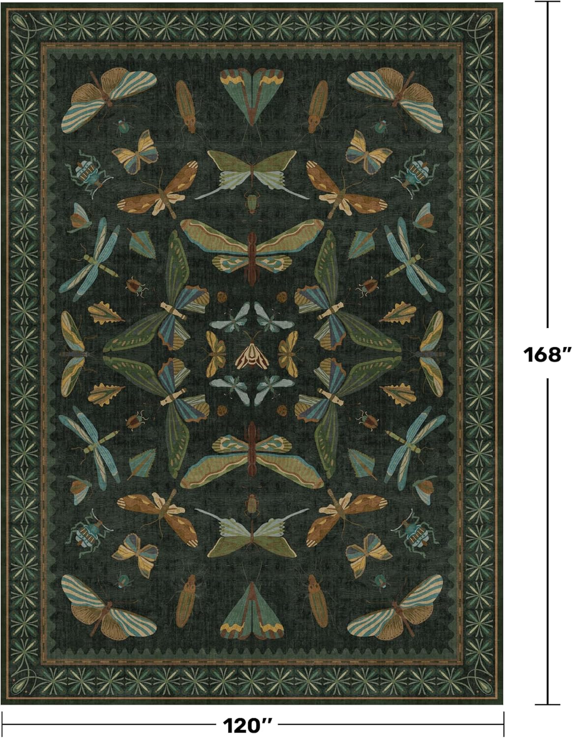 Green Living Room Rug - Vintage Washable Dark Green 10x14 Rug for Dining Room Under Table, Bedroom, Insect Moth Floral Design, Non-Slip Soft Low Pile