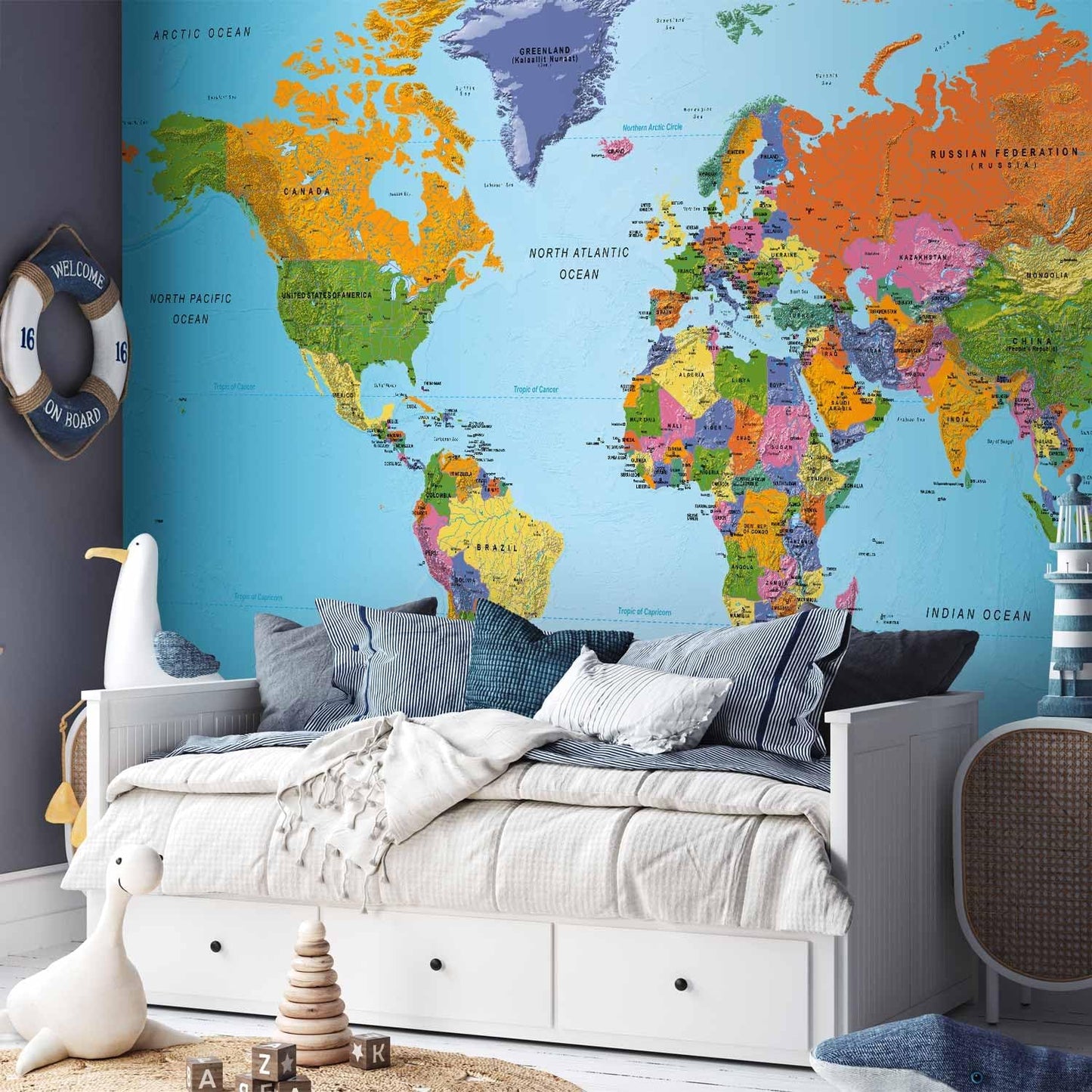 artgeist Wall Mural World Map 193x138 in - XXL Peel and Stick Self-Adhesive Wallpaper Removable Large Sticker Foil Wall Decor Print Picture Image Design Map of The World k-A-0095-a-a