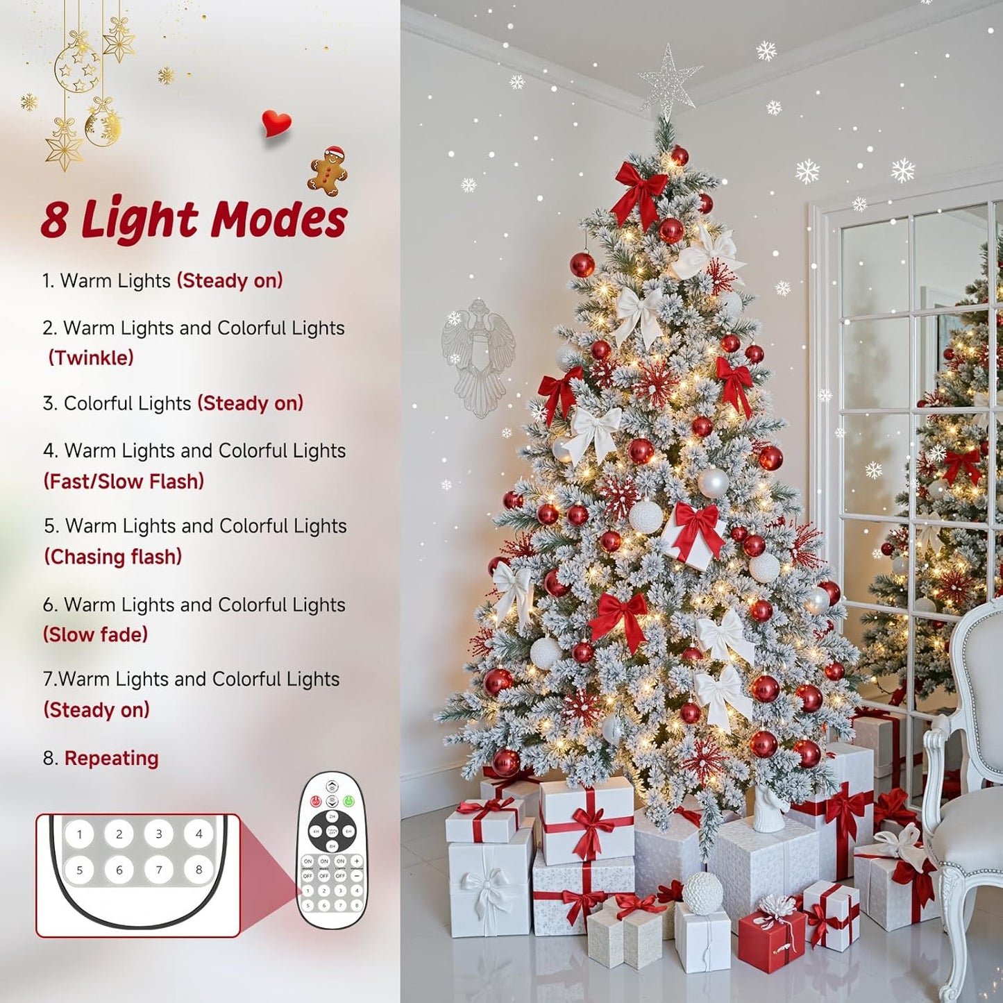 7.5ft Pre-lit Artificial Christmas Tree with Remote, Snow Flocked Xmas Trees Rotating & Foldable Stand, RGB & Warm White Light for Home Decor