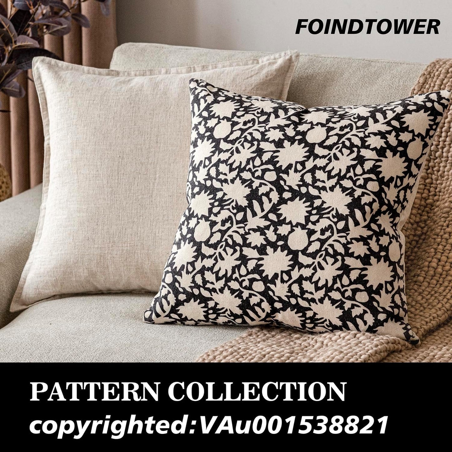 Foindtower Set of 2 Decorative Neutral Floral Throw Pillow Covers Accent Farmhouse Cushion Covers Boho Vintage Pillowcase for Couch Sofa Bedroom Living Room Home Decor Outdoor18×18 Inch,Black