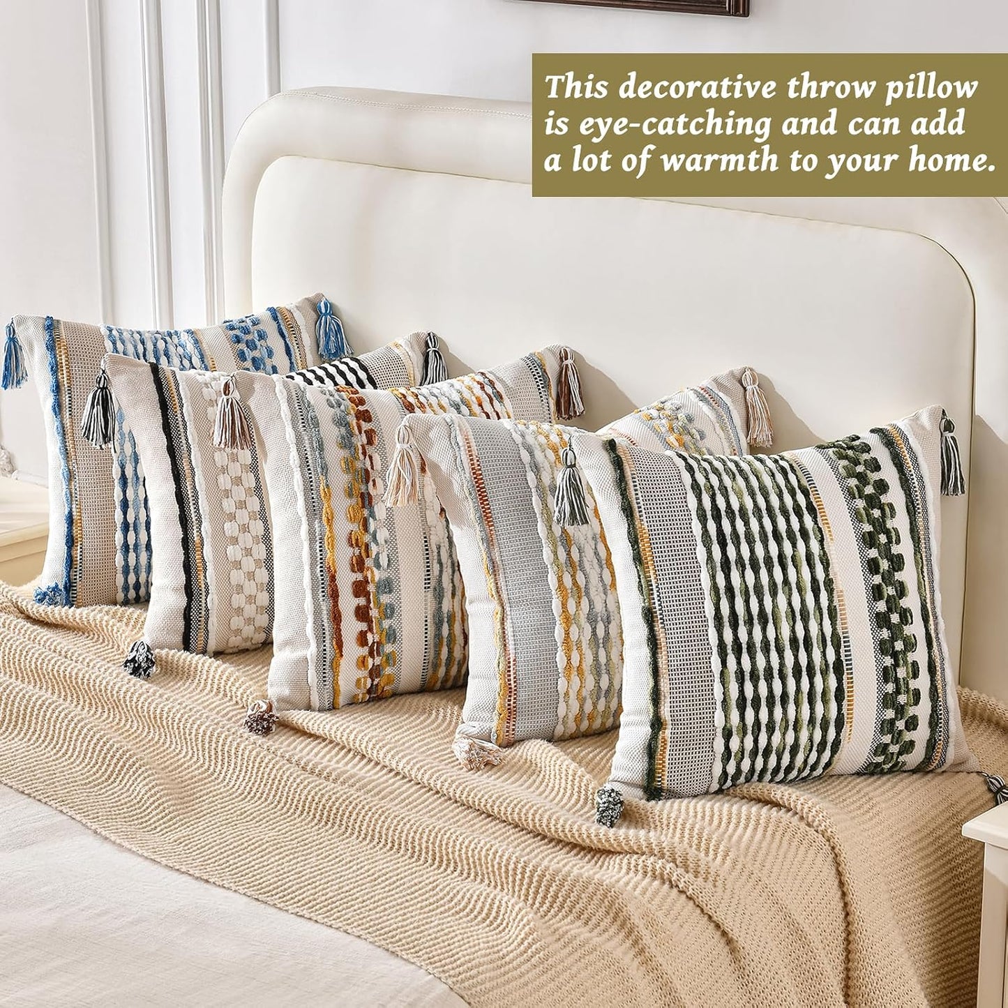 AmHoo Chenille Striped Textured Boho Throw Pillow Covers Aesthetic with Tassels Woven Decorative Pillow Case for Couch Bed Sofa Bedroom Modern Funky 18 x 18-Inch Brown