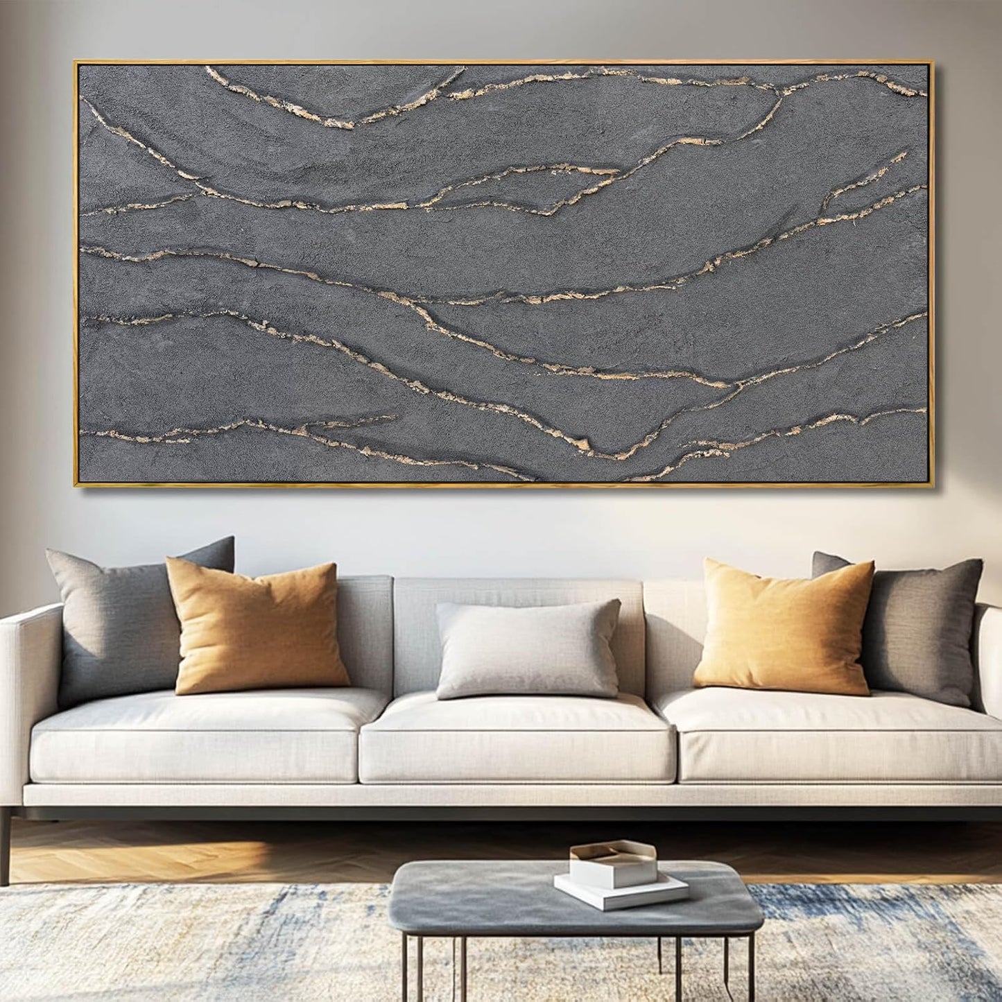 Gold and Grey Wall Art Framed Pictures Wall Decor Neutral Artwork Hand Painted 29"x58" Abstract Wall Art for Living Room Dining Room Kitchen