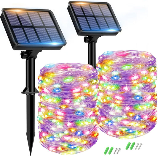 2 Pack Solar String Lights for Outside - 160LED 66FT Solar Fairy Lights Outdoor Waterproof 8 Modes, Copper Wire Solar Powered Twinkle Lights for Tree Garden Christmas Wedding Party Decor, Multicolor