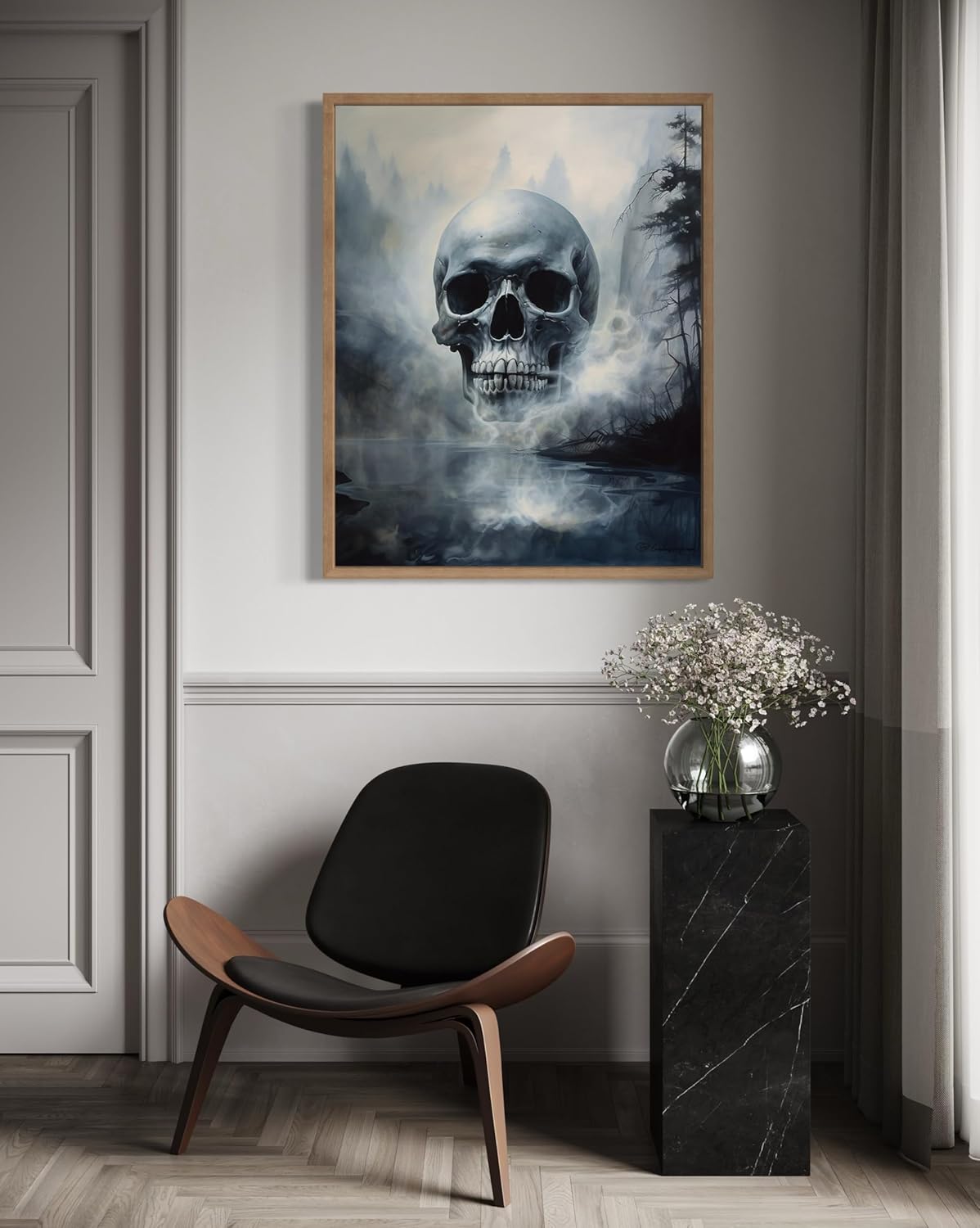 Foggy Skull Poster Art Print, Halloween Scary Vintage Wall Art Academia Spooky Painting Decoration for Horror Prints, Gothic Posters Bedroom Decor 89 (Foggy Skull, 11 x 14 inches, Wood Frame)