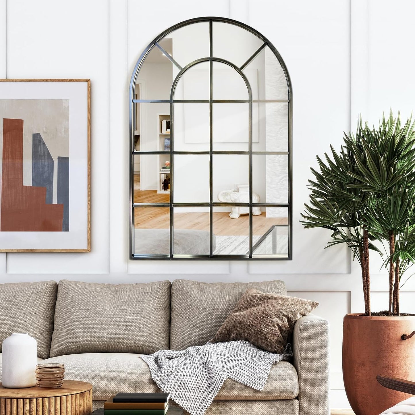 Arched Windowpane Wall Mirror 30"x48" Bronze Wall Mounted Art Pane Mirror Farmhouse Decorative Mirror Leaning Hanging Wall Mirror for Bedroom Living Room Entrance Hallway Wall Decor