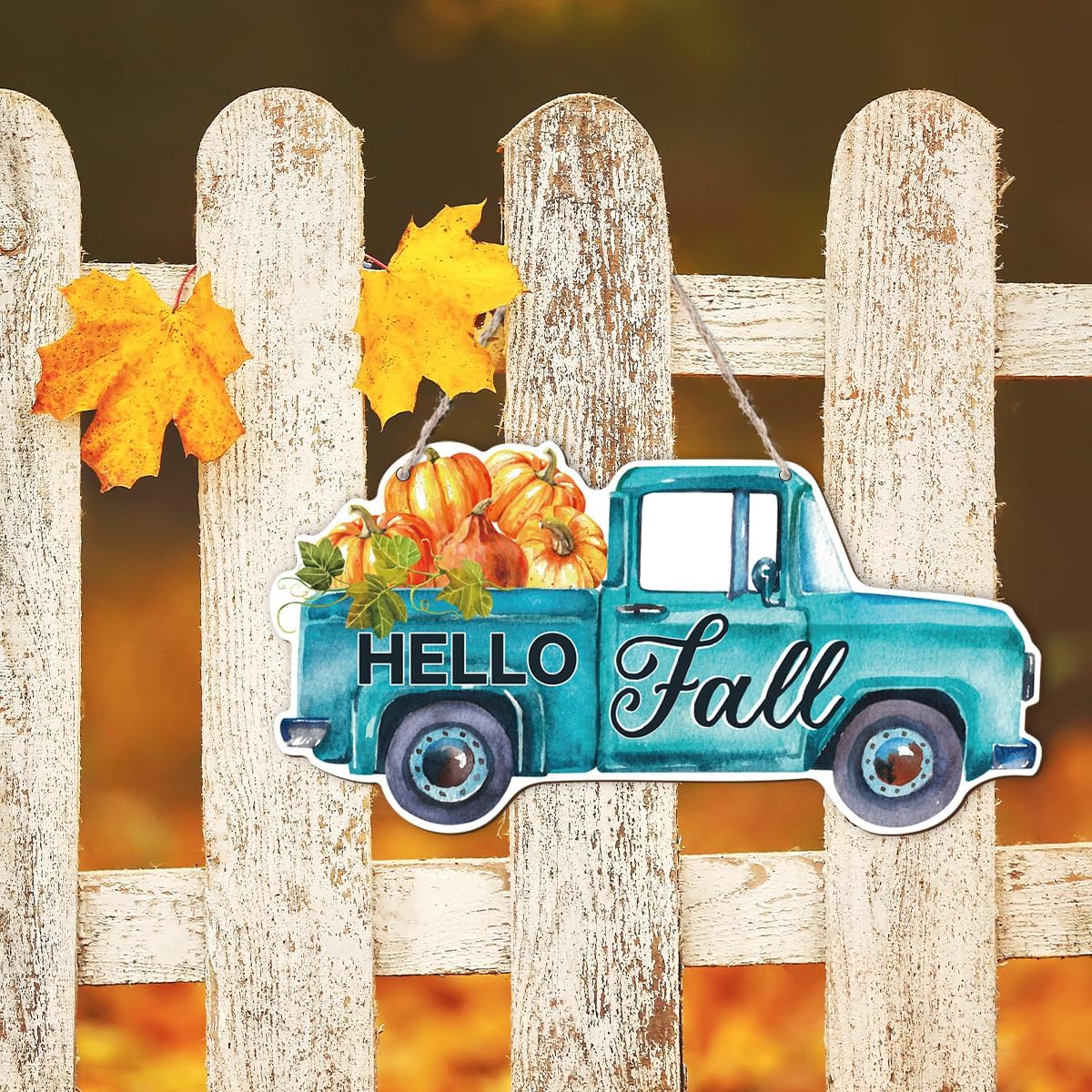Fall Door Hanger - Pumpkin Welcome Sign, Hello Fall Wood Hanging Decors, Rustic Thanksgiving Decorative for Porch, Indoor Outdoor Autumn Door Decor(Truck), Housewarming Gift, Home Indoor Outdoor Deco