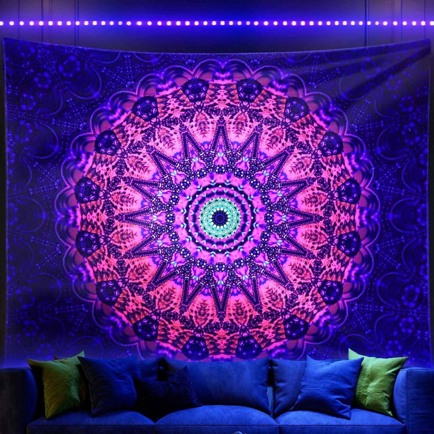 ADDWel Blacklight Mandala Boho Tapestry Glow In The Dark, Black Light Bohemian Hippie Poster Wall Hanging for Bedroom Aesthetic Wall and Room Decor (60" x 80", Mandala)