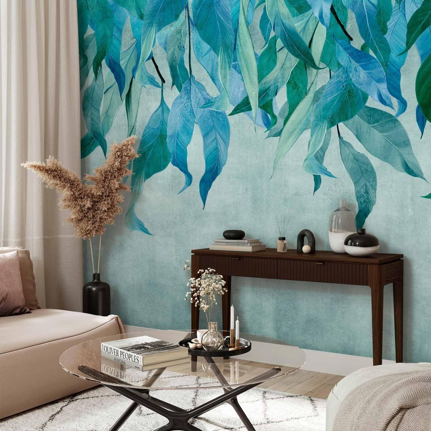 artgeist Wall Mural Hanging Leaves 116x83 in - Peel and Stick Self-Adhesive Wallpaper Removable Large Sticker Foil Wall Decor Print Picture Image Design Nature Botanical Concrete Green b-C-10146-a-b