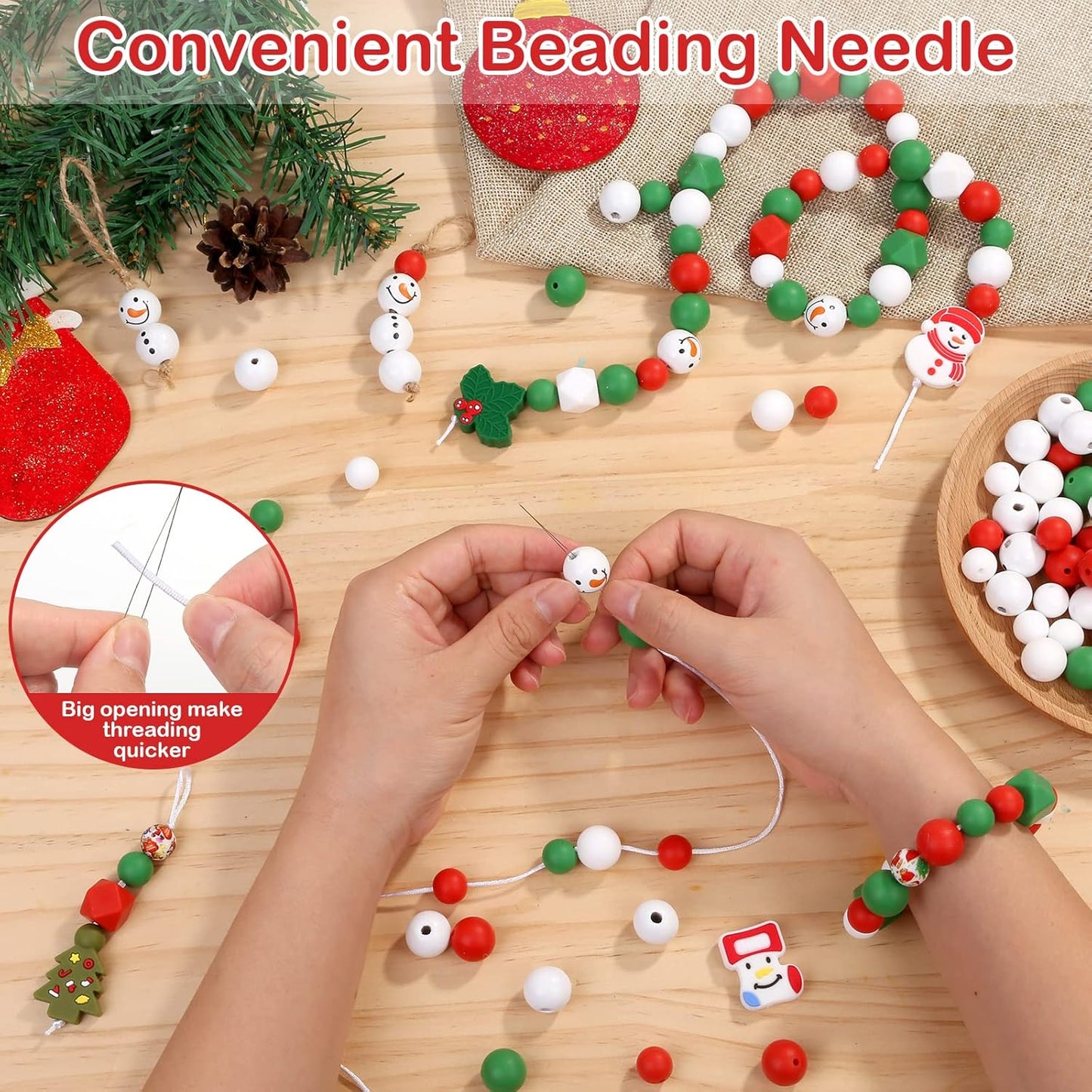 178 PCS Christmas Silicone Beads, Ornament Loose Beads Bulk with Xmas Santa Christmas Tree Silicone Beads Lanyard Snowman Wooden Beads Round Polished Spacer Bead for Decor DIY Jewelry Craft