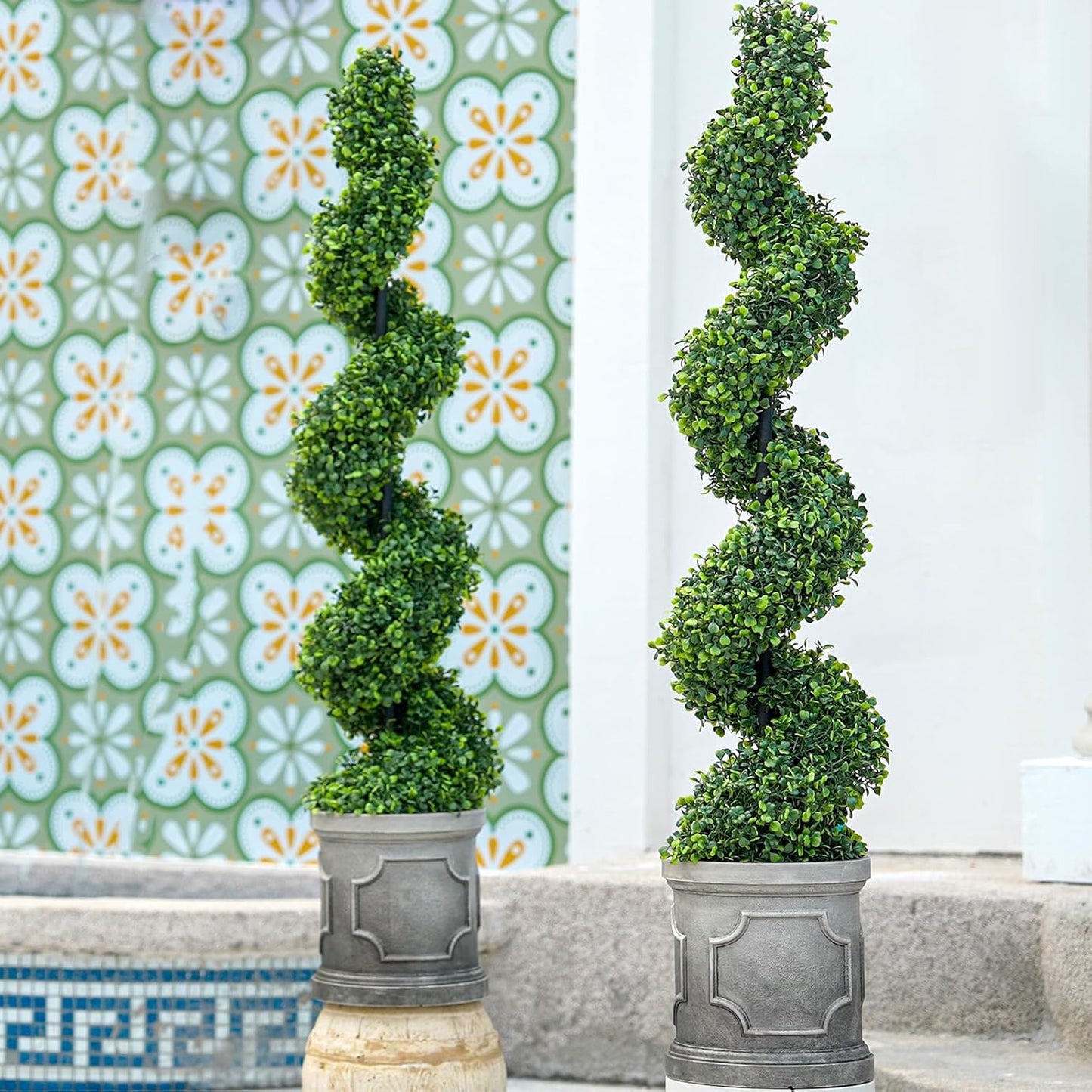 4FT Artificial Spiral Boxwood Topiary Trees with Antique-White Roman-Style Planter - Outdoor&Indoor Year-Round Garden, Porch, Entryway Decor (2 Pack)