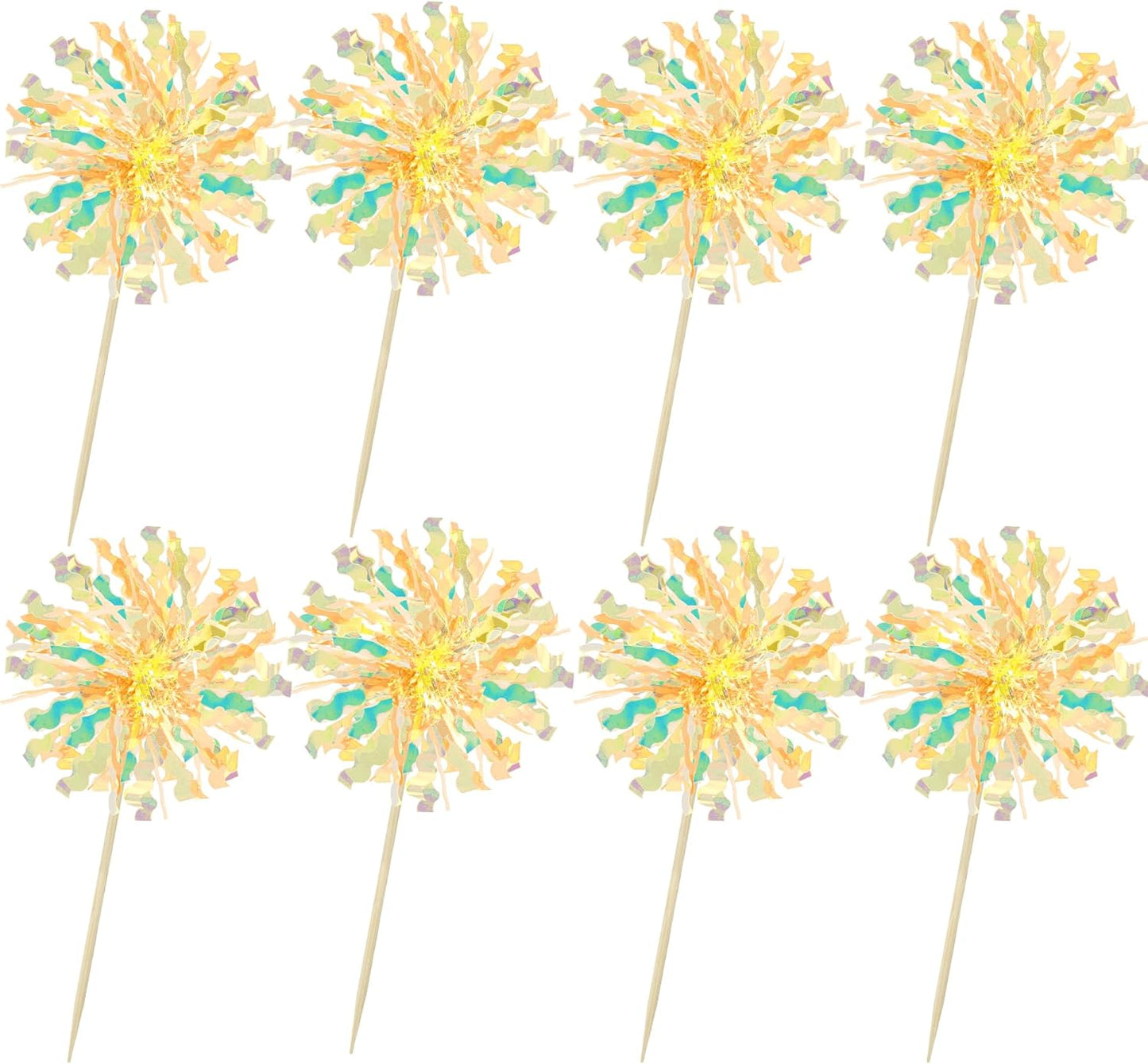 Ephlyn 30Pcs Foil Firework Cupcake Toppers Sparkle Tinsel Drink Birthday Cake Decorations Cocktail Food Fruit Toothpick for New Years Wedding Birthday Party Decorations Yellow
