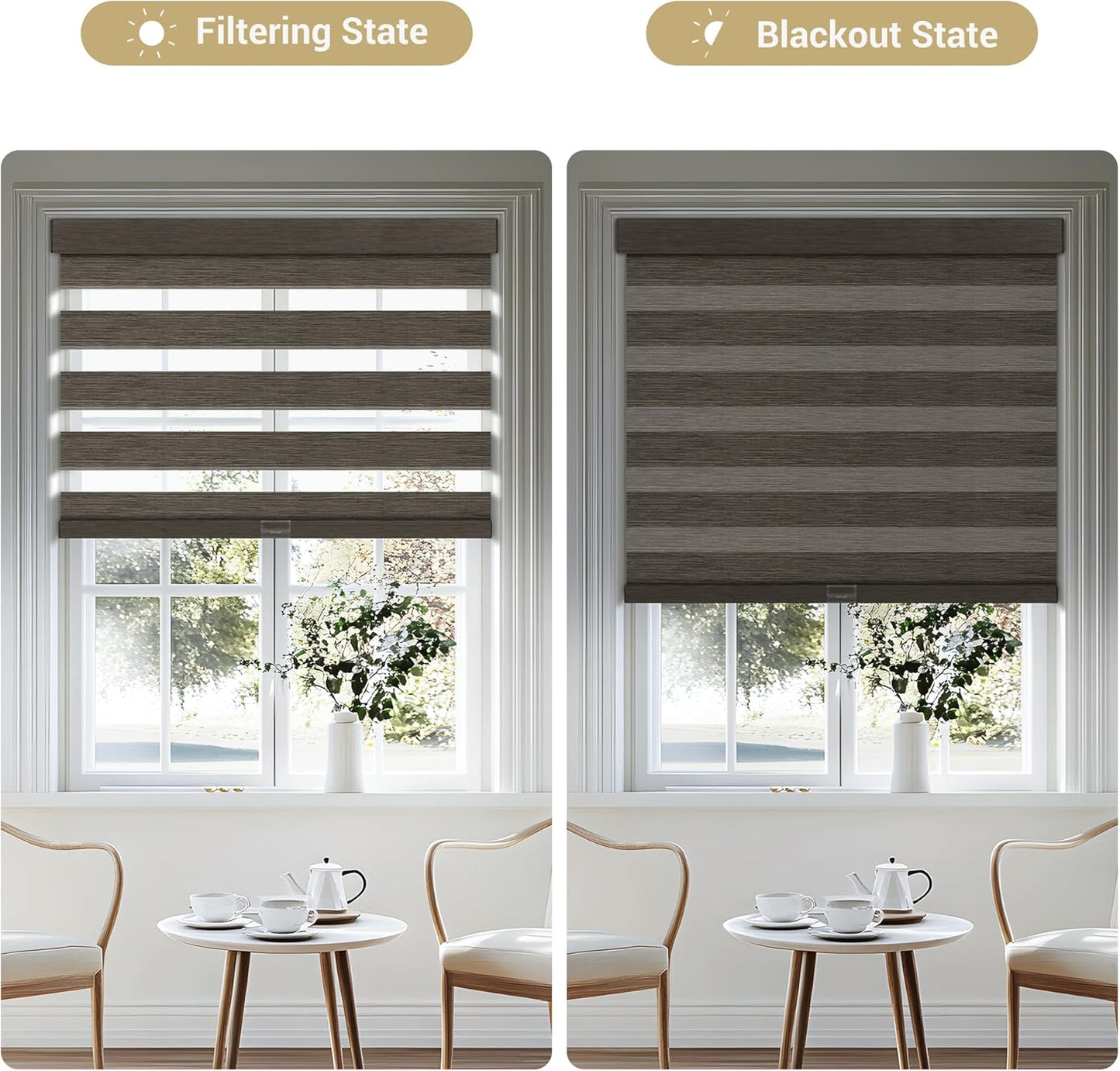 Cordless Zebra Blinds for Windows, Blackout Interior Blinds,Easy to Install,UV Protection,for Offices and Home,Custom Roller Shades, Mousse Dark Bown,57" W x 48" H