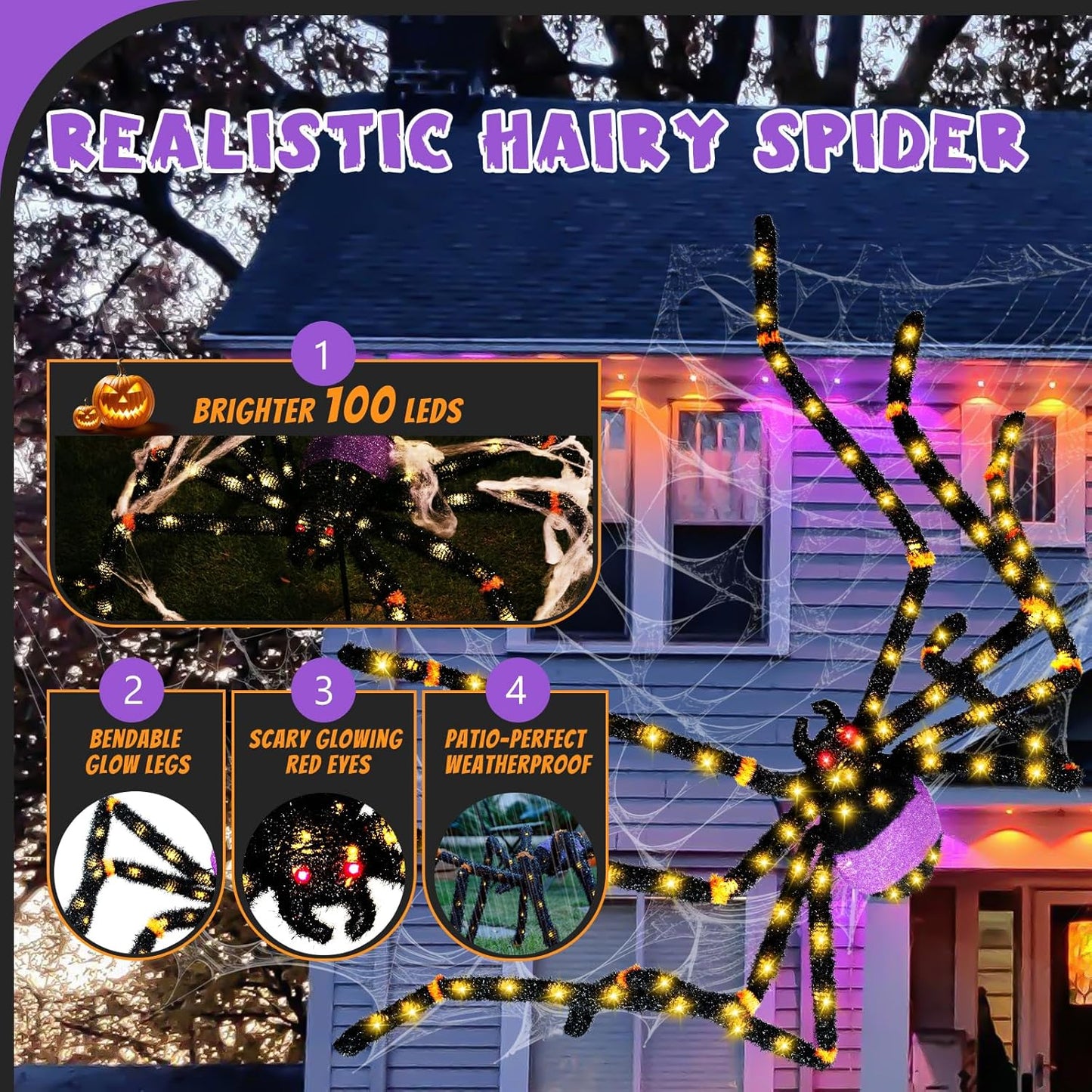 5.5FT Giant Spider Halloween Decorations with 100 LED, Plug-in Pre-Lit Light Up Scary Spider Halloween Decorations, Large Spider Decorations for Outdoor, Yard, Lawn, Exterior Walls