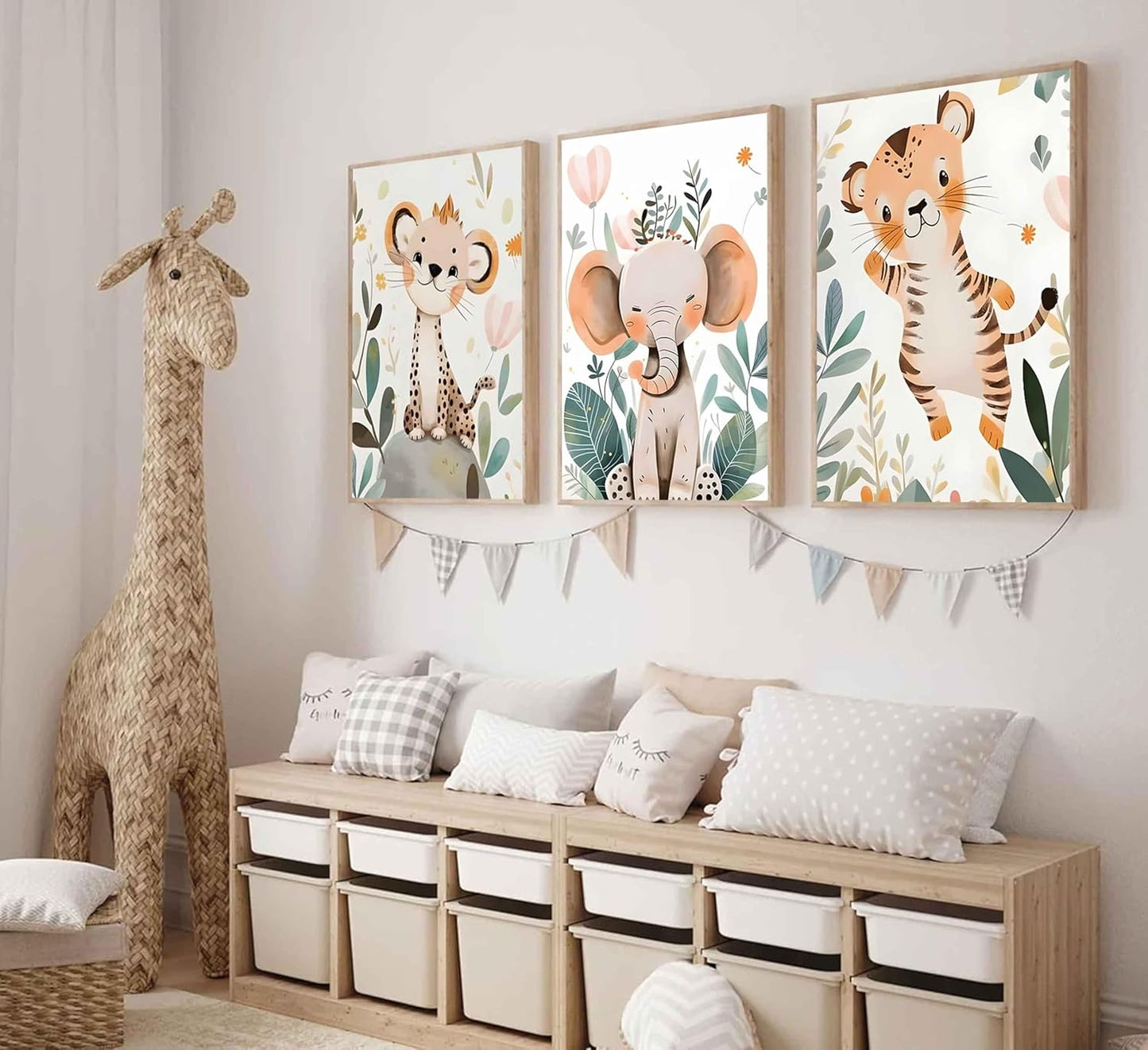 3 Pcs Safari Animals Nursery Canvas Wall Art Jungle Animals Cheetah Elephant Tiger Kids Room Illustration Pictures Wall Decor Posters Print Artwork for Classroom Boy's Girl's Room Bedroom