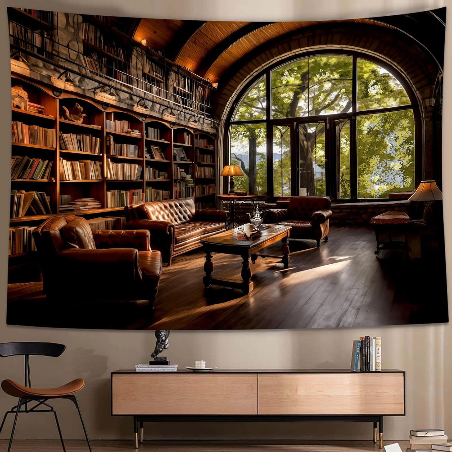 dueeia Book Library Tapestry Wall Hanging Medieval Bookshelf Vintage Window Bookcase Backdrop Wall Decor for Bedroom Aesthetic Living Room Office (78.7"x59.1")