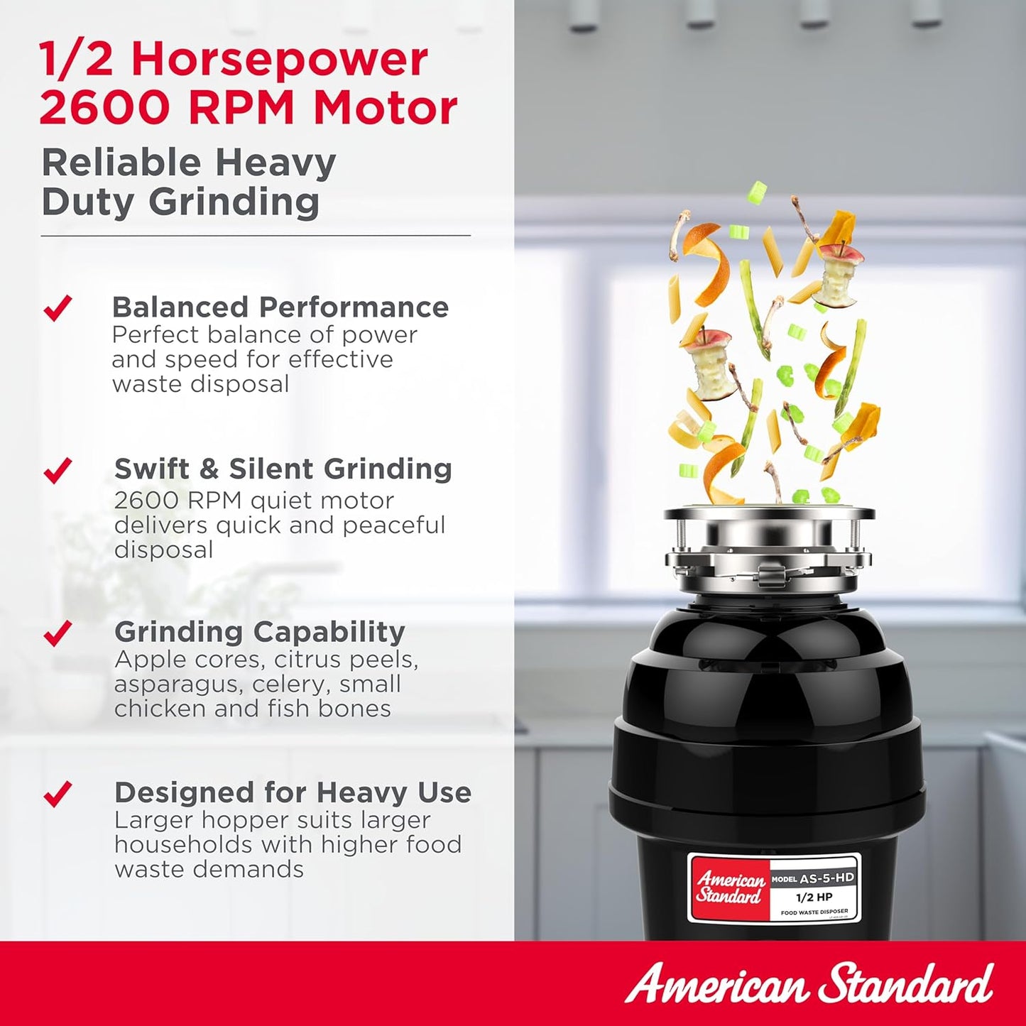 American Standard 10-US-AS-5-HD Garbage Disposal Anti-Jam Stainless Steel Food Waste Grinding System, Heavy Duty, 1/2 HP, Black