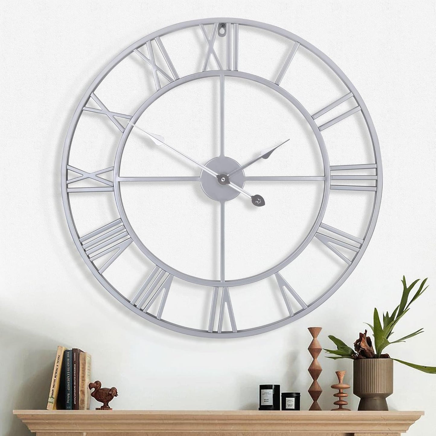 1st owned Large Wall Clock Silent Non-Ticking Roman Numerals Vintage Battery Operated (24 inch,18inch,16inch) Farmhouse Wall Clock for Living Room, Bedroom, Kitchen, Cafe Decor-Silver 40CM