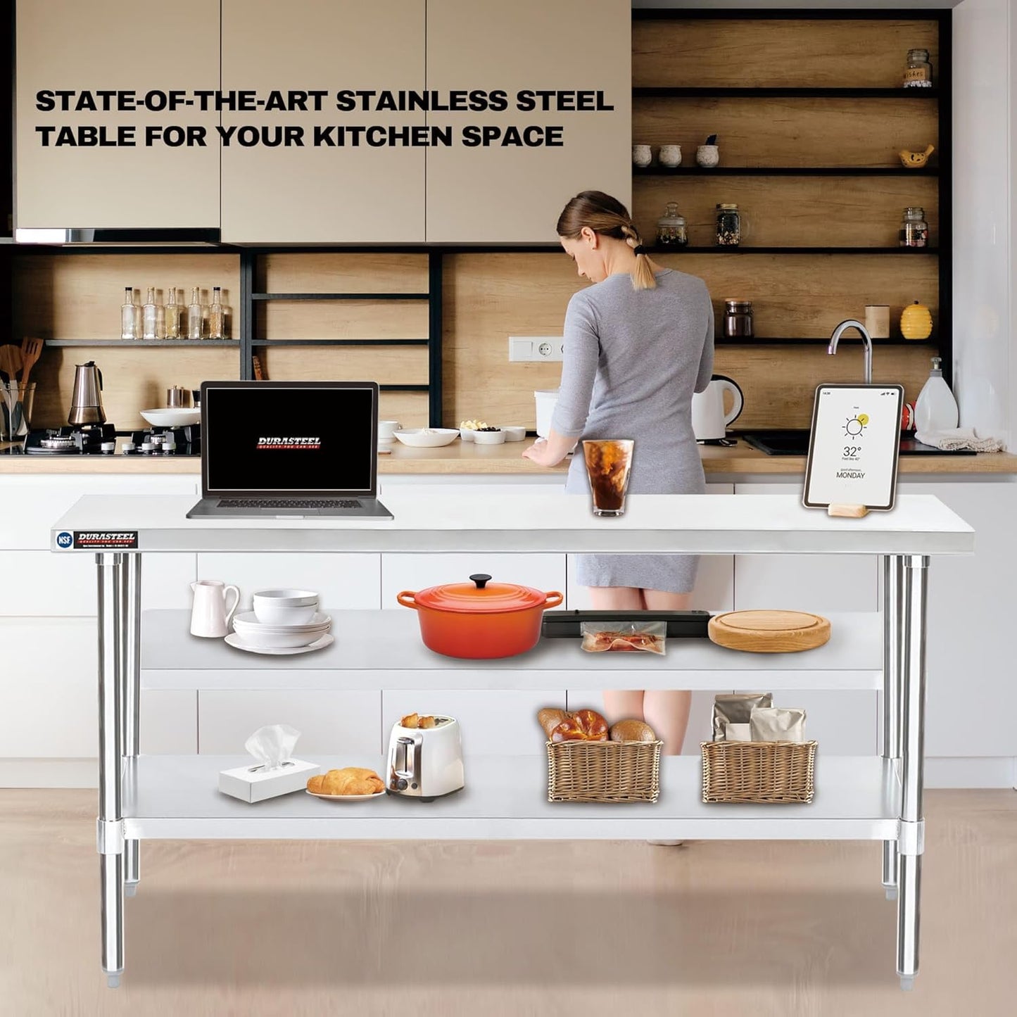 DuraSteel Food Prep Stainless Steel Table - 30 x 72 Inch Commercial Metal Workbench with Adjustable Under Shelf - NSF Certified - for Restaurant, Warehouse, Home, Kitchen, Garage