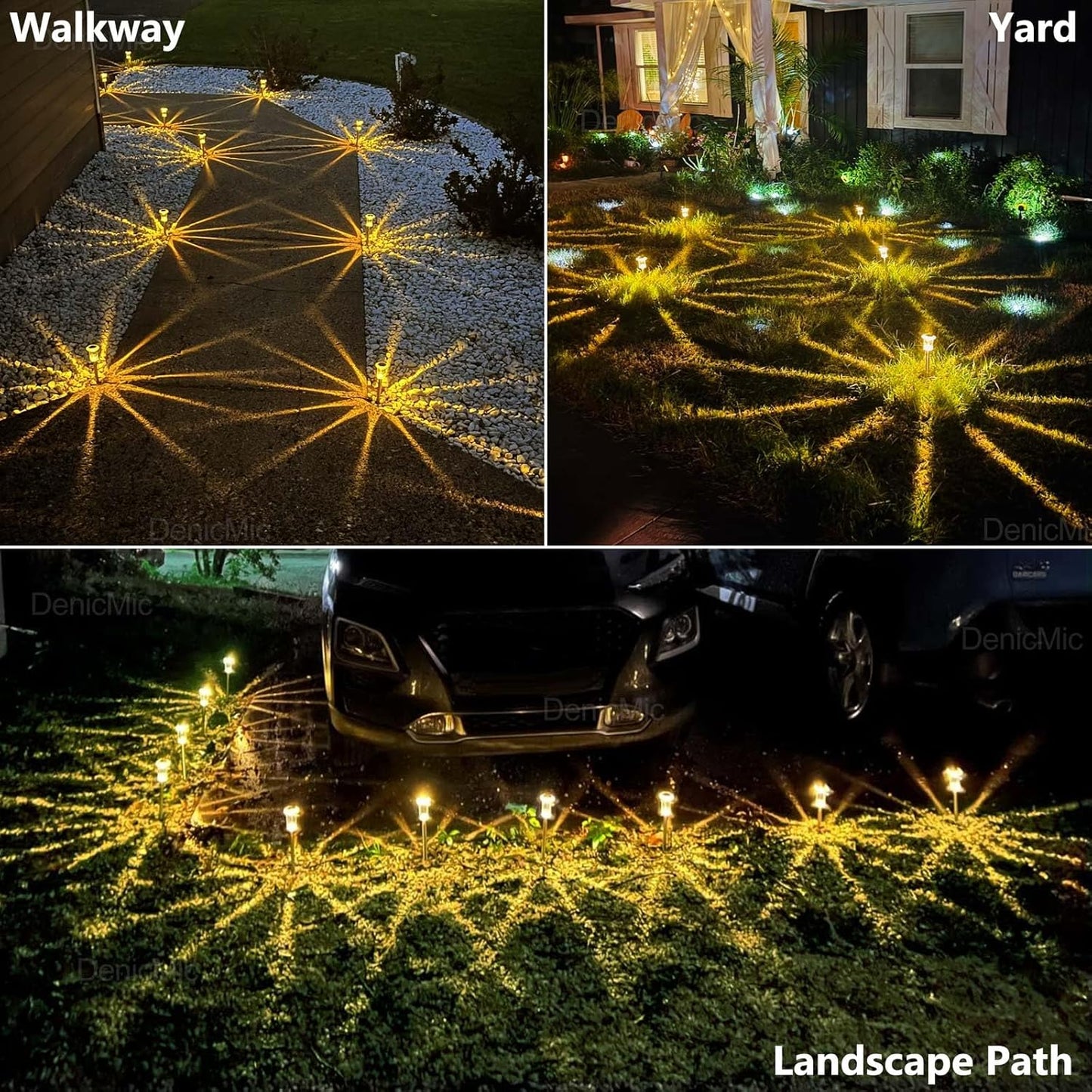 DenicMic Solar Lights Outdoor 10 Pack Waterproof 3000K Warm White LED Acrylic lamp Head Stainless Steel Stake for Landscape Lighting Path Walkway Sidewalk Backyard Patio Decor