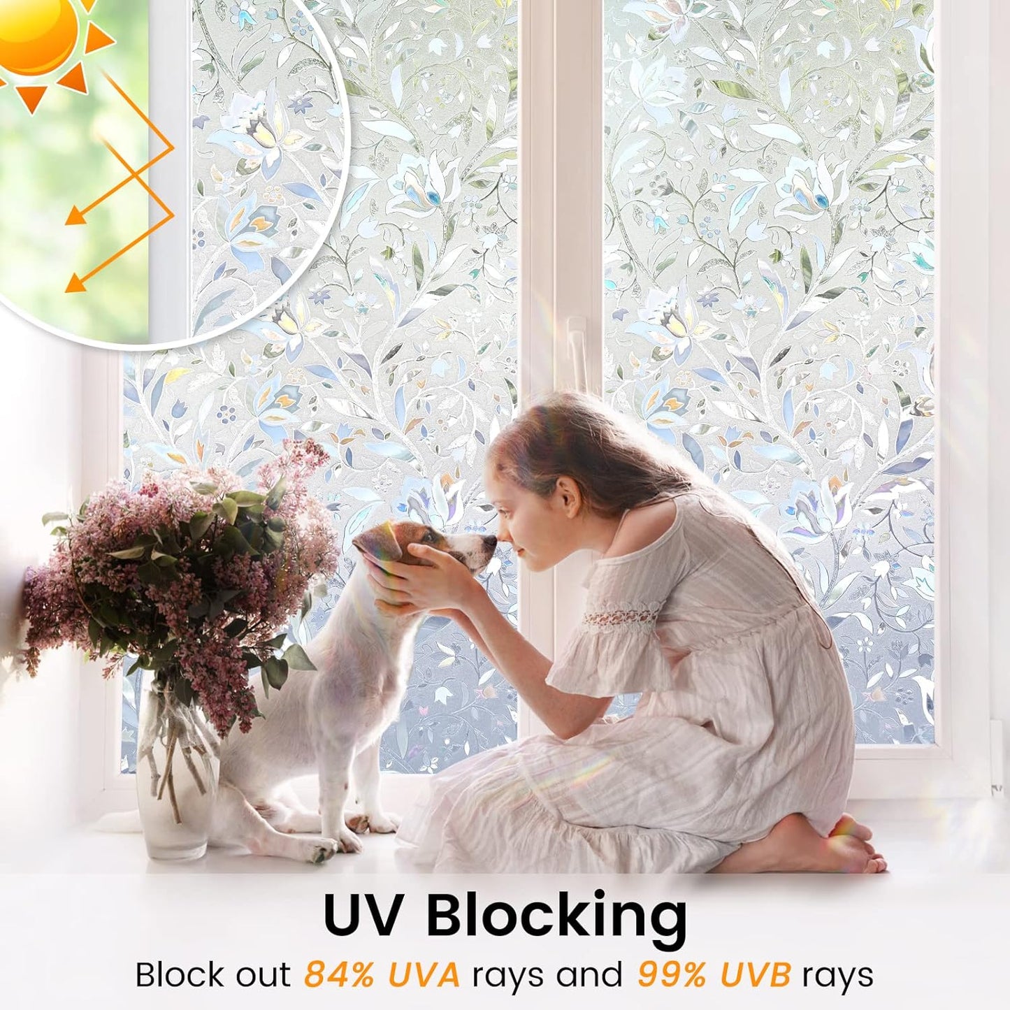 DOWELL Window Privacy Film, 3D Stained Glass Rainbow Films, Decorative Window Vinyl Sun Blocker Door Covering, Static Cling Non-Adhesive Glass Sticker for Home, Blooming Flowers, 35.4"x78.5"