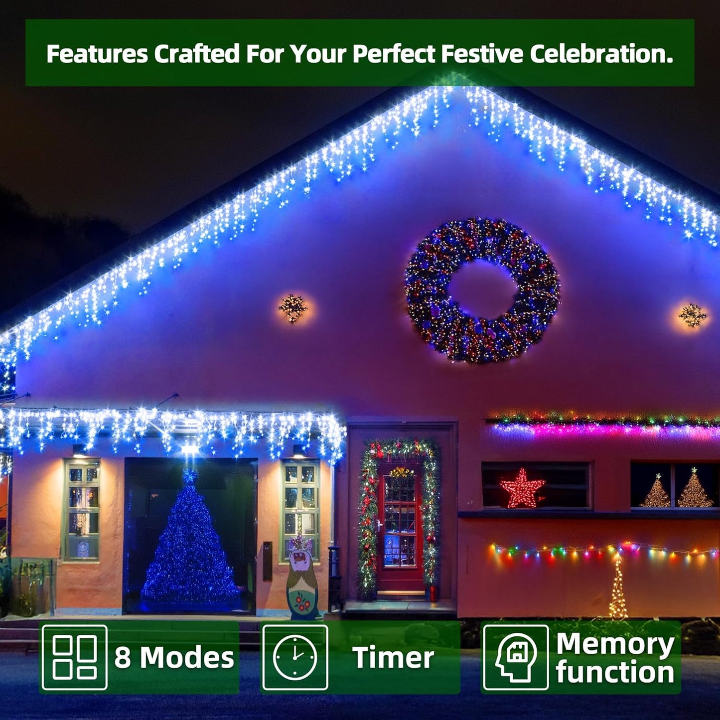 666 LED 66FT Icicle Lights Waterproof- 148 Drops 12 Modes Christmas Light with Memory Timer, Dimmable Christma TreeLights for Roof Balcony Holiday GiftsBlue & White