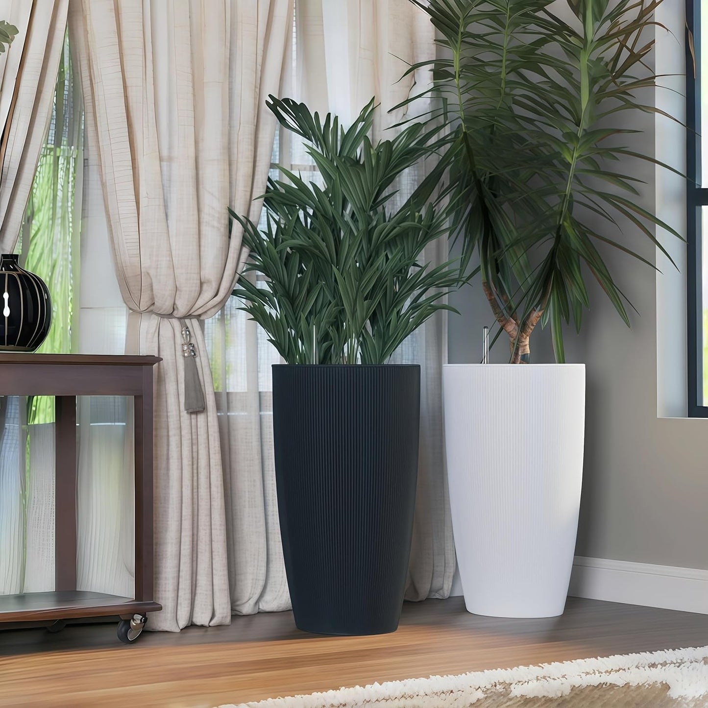 2Pack 22" High Modern Plant Pots Planter-Self-Watering Indoor/Outdoor Planting with Drain Holes, Water Level Monitor, Inner Bucket for Front Porch Patio, Black Rattan Conical