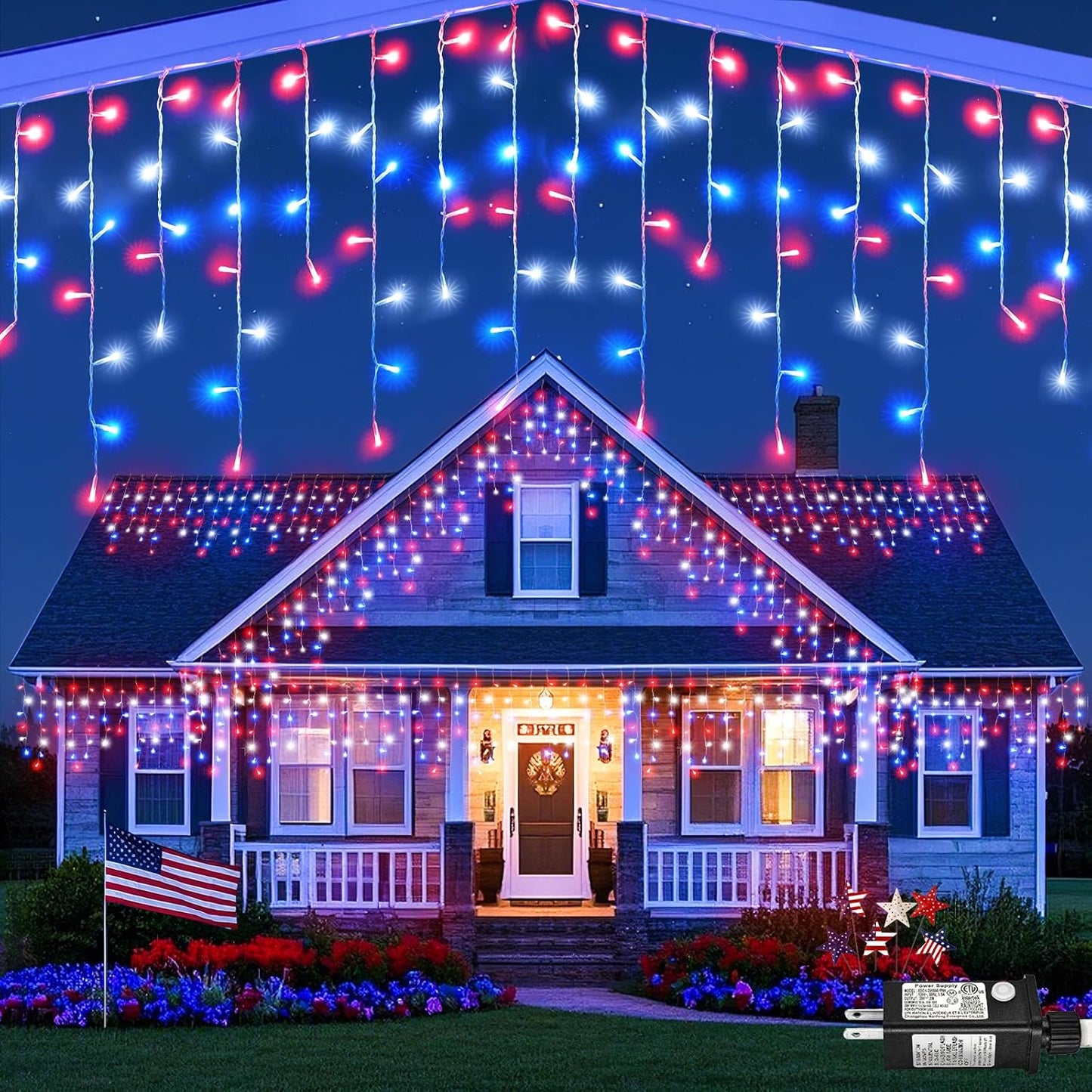 66ft 640LED Red White and Blue Lights for 4th of July Decorations Outdoor Independence Day Decorations Icicle Light for Outside, Clear Wire Connectable Twinkle Light for House Party Holiday Patio Yard