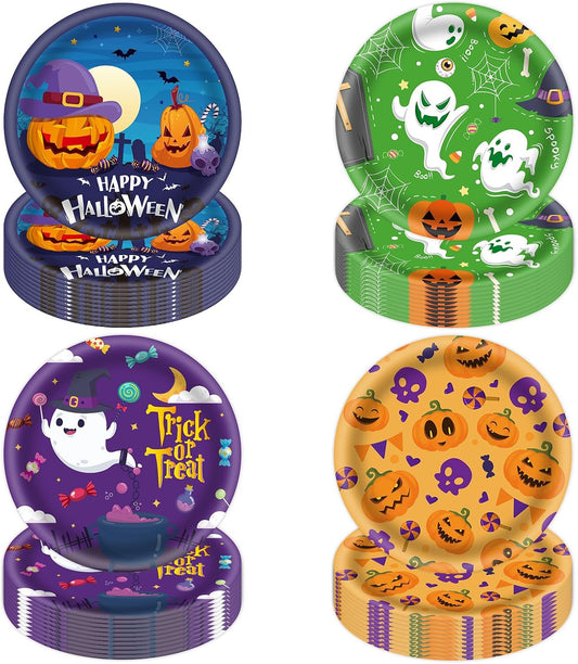 48Pcs Halloween 7inch Paper Plates - Pumpkin Ghost Spooky Dessert Plates for Cake Salad Fruit Disposable Cute Dinner Plates for Halloween Kids Trick or Treat Party Decoration, 4 Styles
