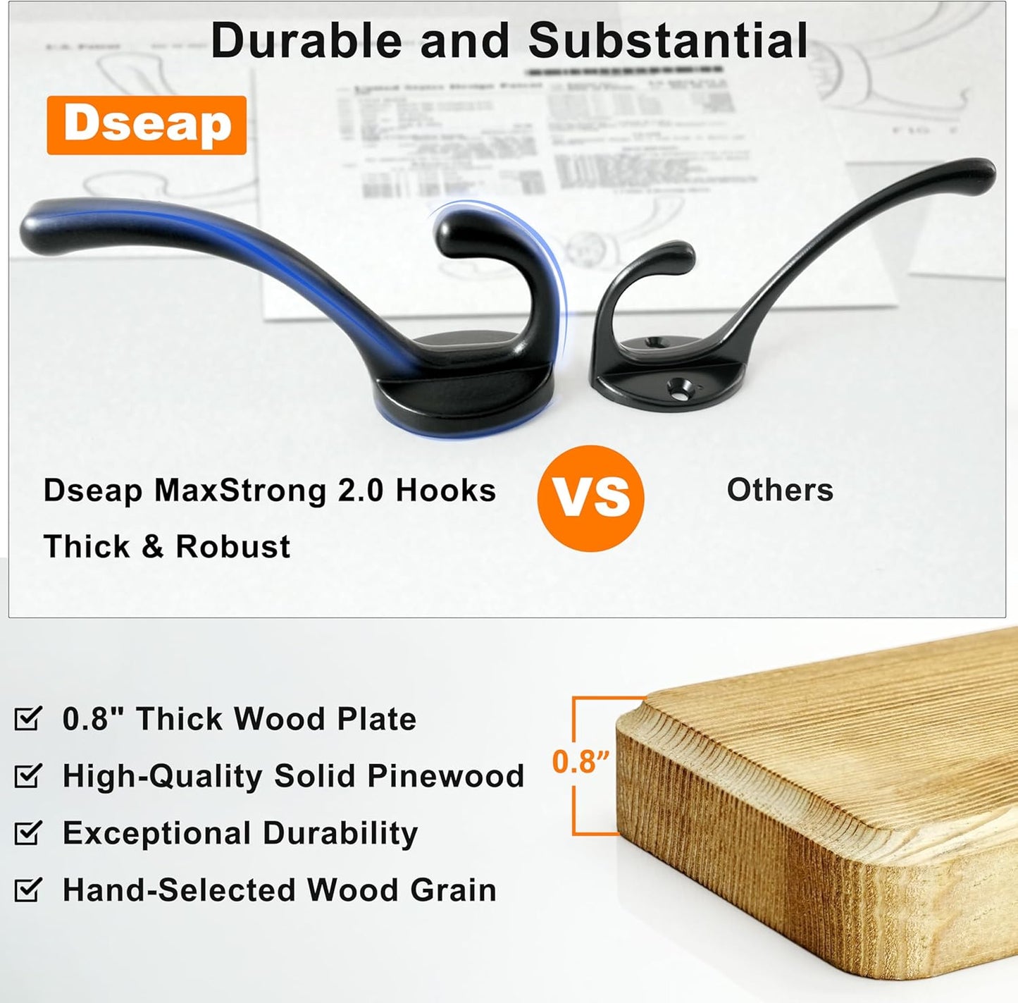 Dseap Coat Rack Wall: Patented, Heavy-Duty, 5-Double-Hooks Wooden Wall Mounted Coat Rack Coat Hanger Hook Rail for Winter Coats Hat Jacket Clothing, White & Black, Pack of 2