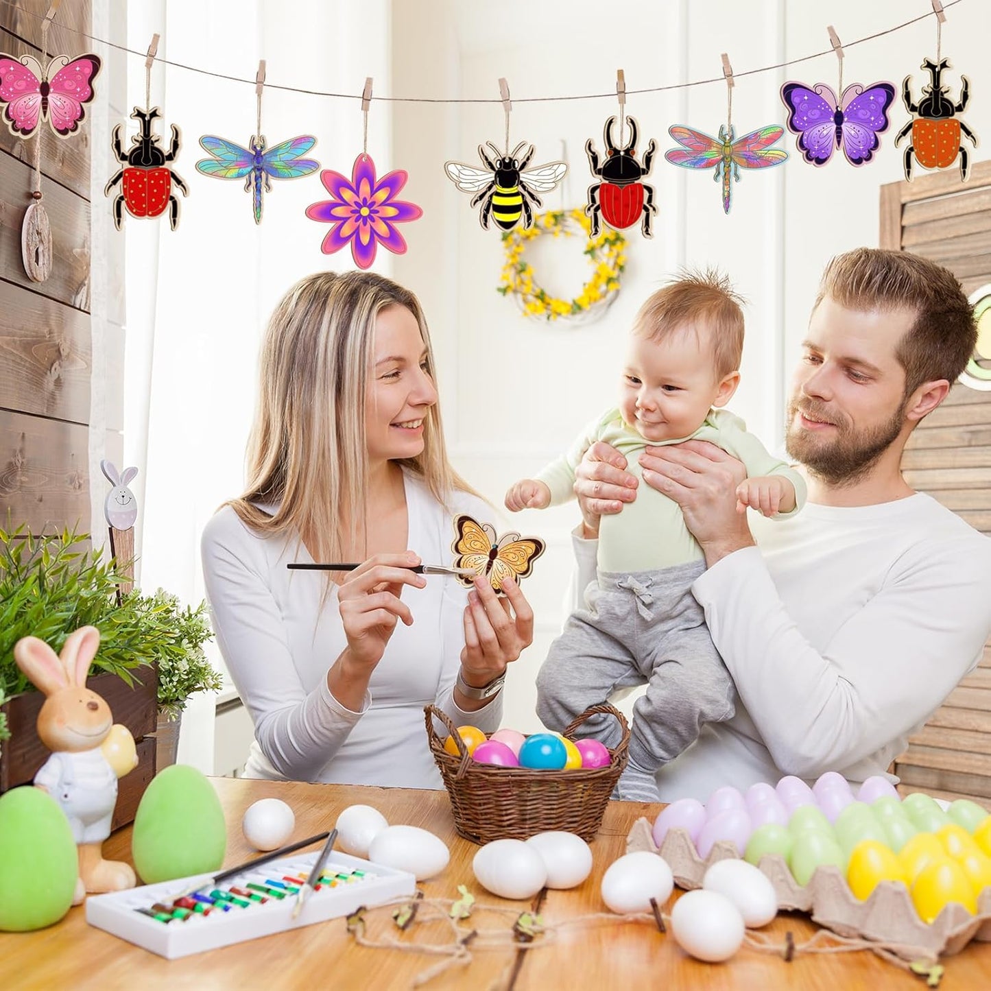 80PCS Wooden Spring Ornaments to Paint, 8 Styles DIY Blank Unfinished Wood Insect Cutouts Ornament for Crafts Hanging Decorations, Dragonfly Butterfly Flower Shape Home Decorations Gifts