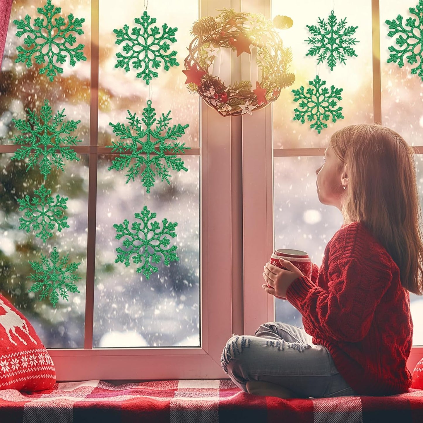 Dark Green Christmas Snowflake Ornaments- 36Pcs Plastic Glitter Hanging Snow Flakes for Christmas Tree Decorations Winter Wonderland Frozen Birthday Party Holiday Home Decor Craft Snowflakes