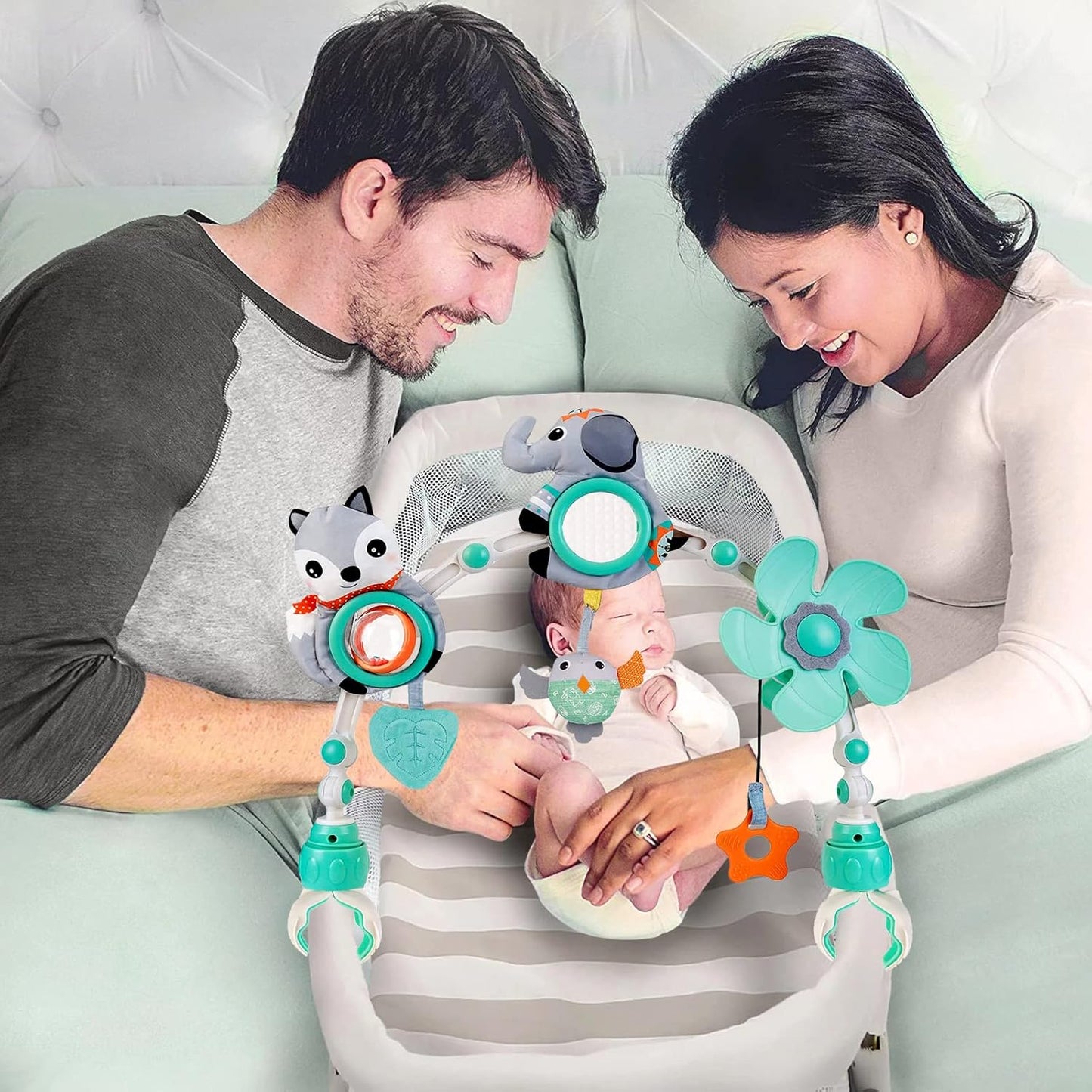 Baby Stroller Arch Mobile, Adjustable Musical Arch Toys Mobile for Crib with Universal Clamps, Versatile Activity Toy Bar for Bouncer Infant Car Seat Toys 0 6 Months Mobile for Bassinet Swing - Gray