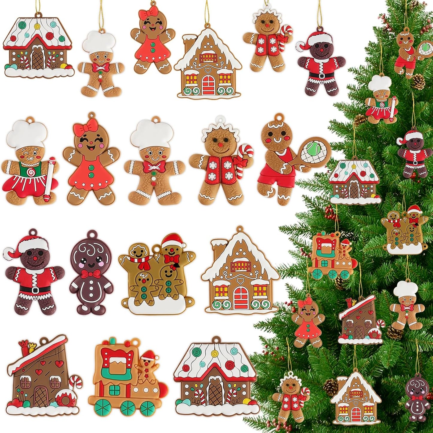 24pcs Gingerbread Man Ornaments for Christmas Tree, Assorted Gingerbread Figurines Decorations with Gingerbreads House Ornaments for Holiday Christmas Tree Home Decor