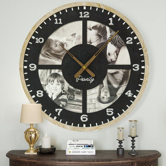 4 Photo Collage Wall Clock-24 Inch Large picture frame clock for Living Room Decor,Modern Big Wall Watch Battery Operated Decorative Clock with Personalized Frames for office ,living room,bedroom
