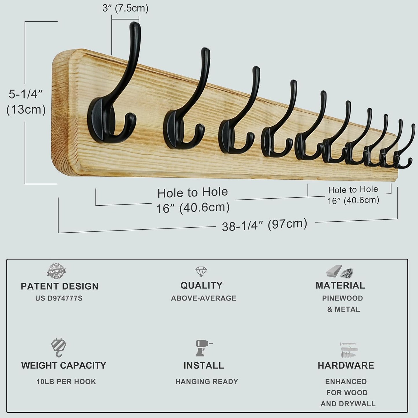 Dseap Coat Rack Wall: 38-1/4" Long, Patented, Heavy-Duty, 10-Double-Hooks Wooden Wall Mounted Coat Rack Coat Hanger Hook Rail for Winter Coats Hat Jacket Clothing, Light Brown