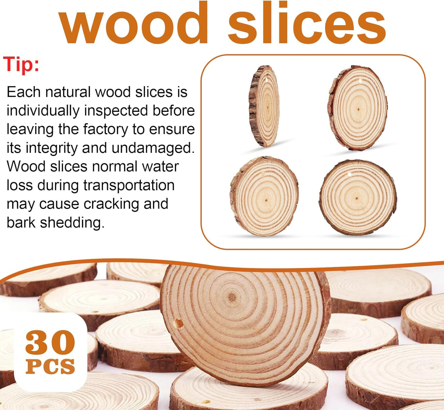 30 PCS Natural Unfinished Wood Crafts, 2.7" - 3.1" WoodRounds with Hole, Wood Ornaments WoodCircles for Crafts Doodle, Splice, Paint, Art, Decorate