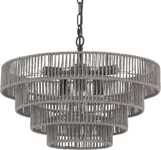 20” Hand-Woven Rattan Chandelier 6-Lights Transitional Minimalist 4 Round Boho Large Coastal Pendant Light for Kitchen Island Dining Room Living Room Hallway, Gray, UL Listed