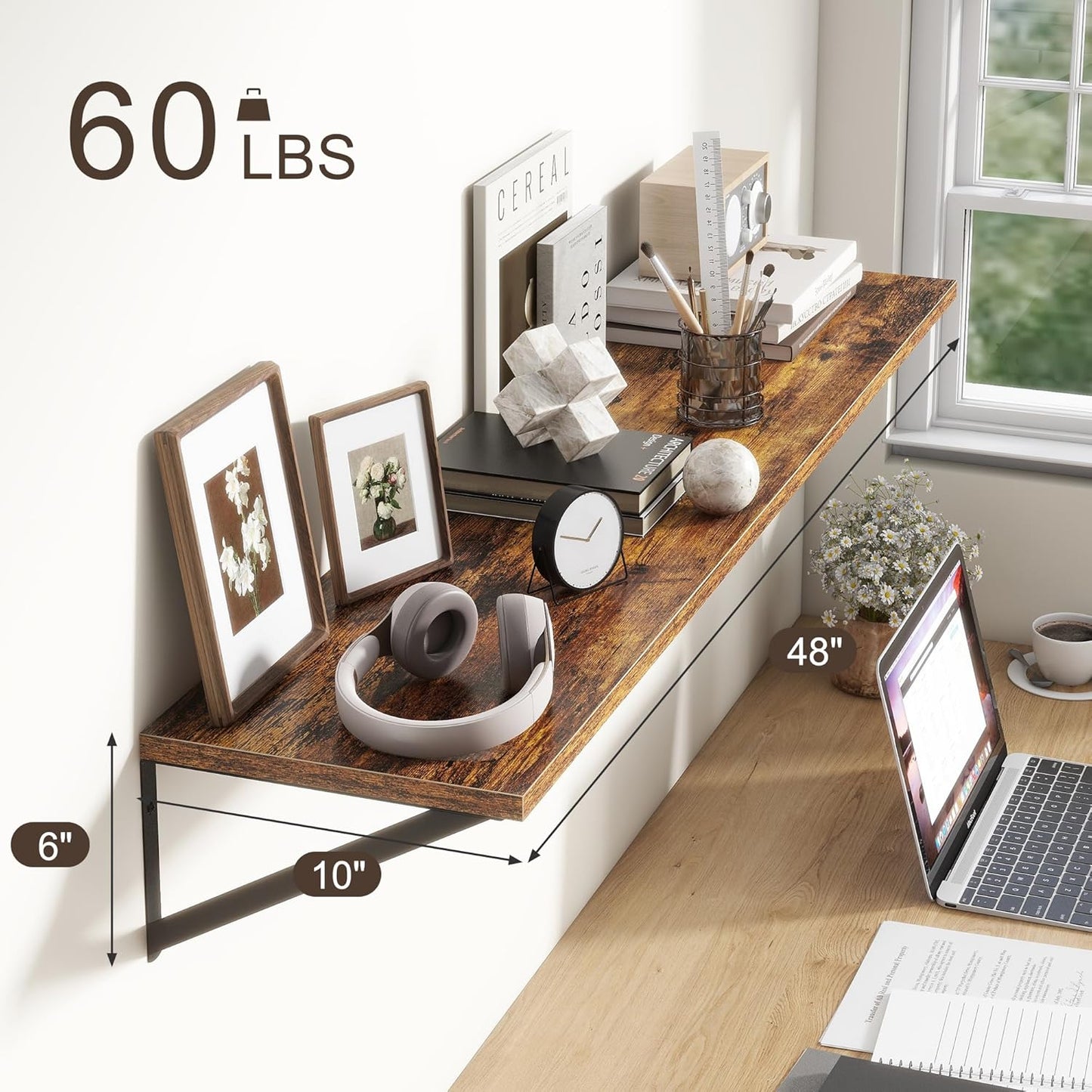 Floating Shelves 48 Inch Long, 10" Deep Floating Shelves, Wall Shelves 48 x 10, Set of 2, Wide Large Display Storage Shelves for Bathroom, Living Room, Rustic Wood Shelves with Brackets, Rustic Brown