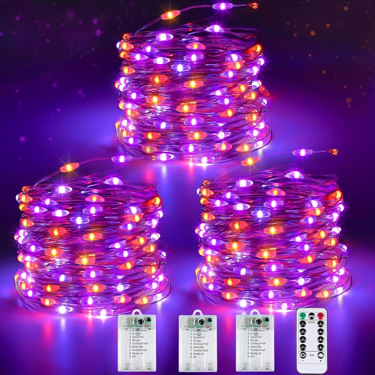 3 Pack 78 FT 240 LED Fairy Lights Battery Operated with Remote & Timer, Orange and Purple Halloween String Lights 8 Modes Waterproof Twinkle Lights for Indoor Outdoor Halloween Party Home Decorations