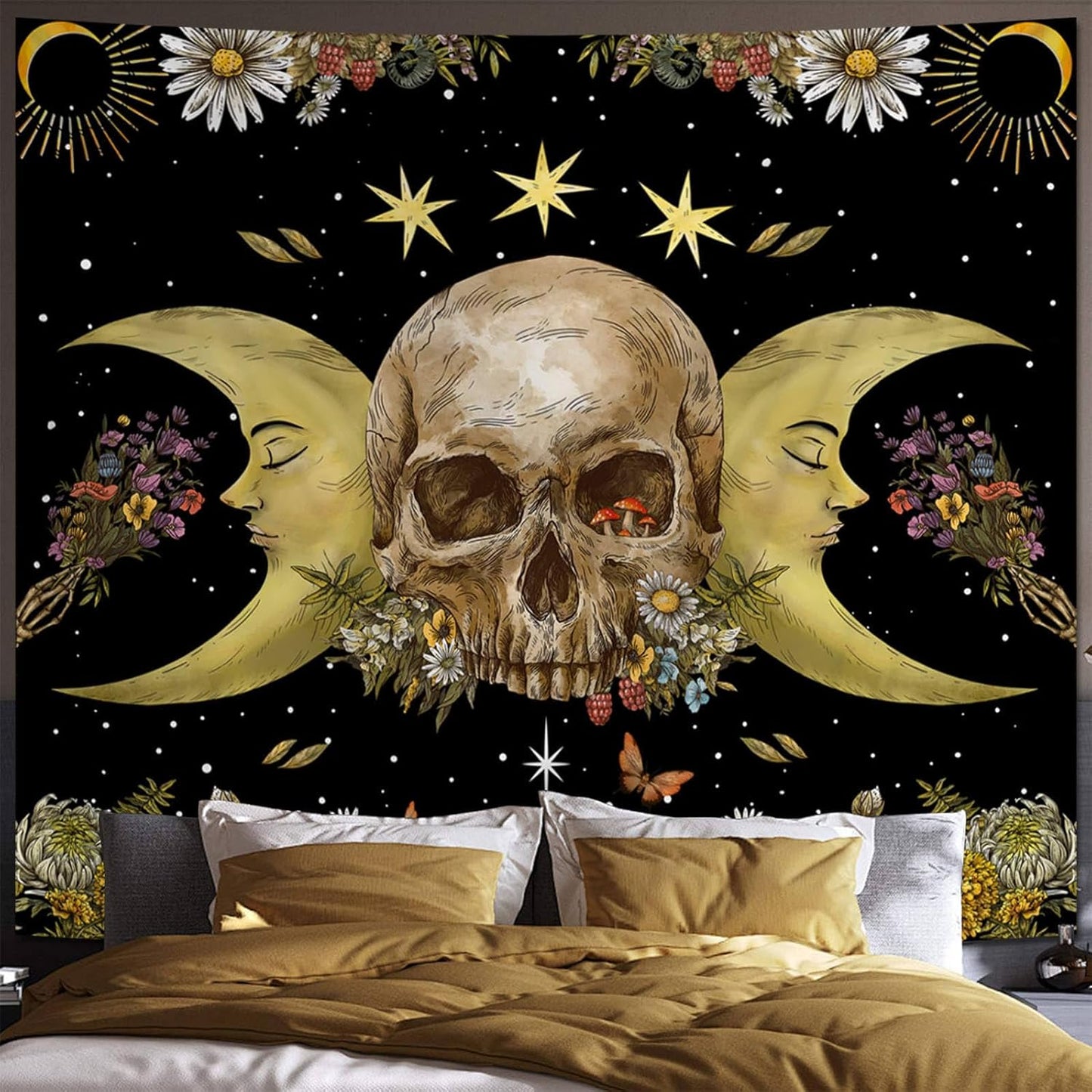 Atrippy Halloween Vintage Gothic Tapestry for Bedroom, Goth Skull Floral Wall Decor Tapestry, Sun and Moon Skeleton Flower Tapestries Aesthetic, Dark Room Decor Wall Hanging for Living Room Dorm 60x79 Inches
