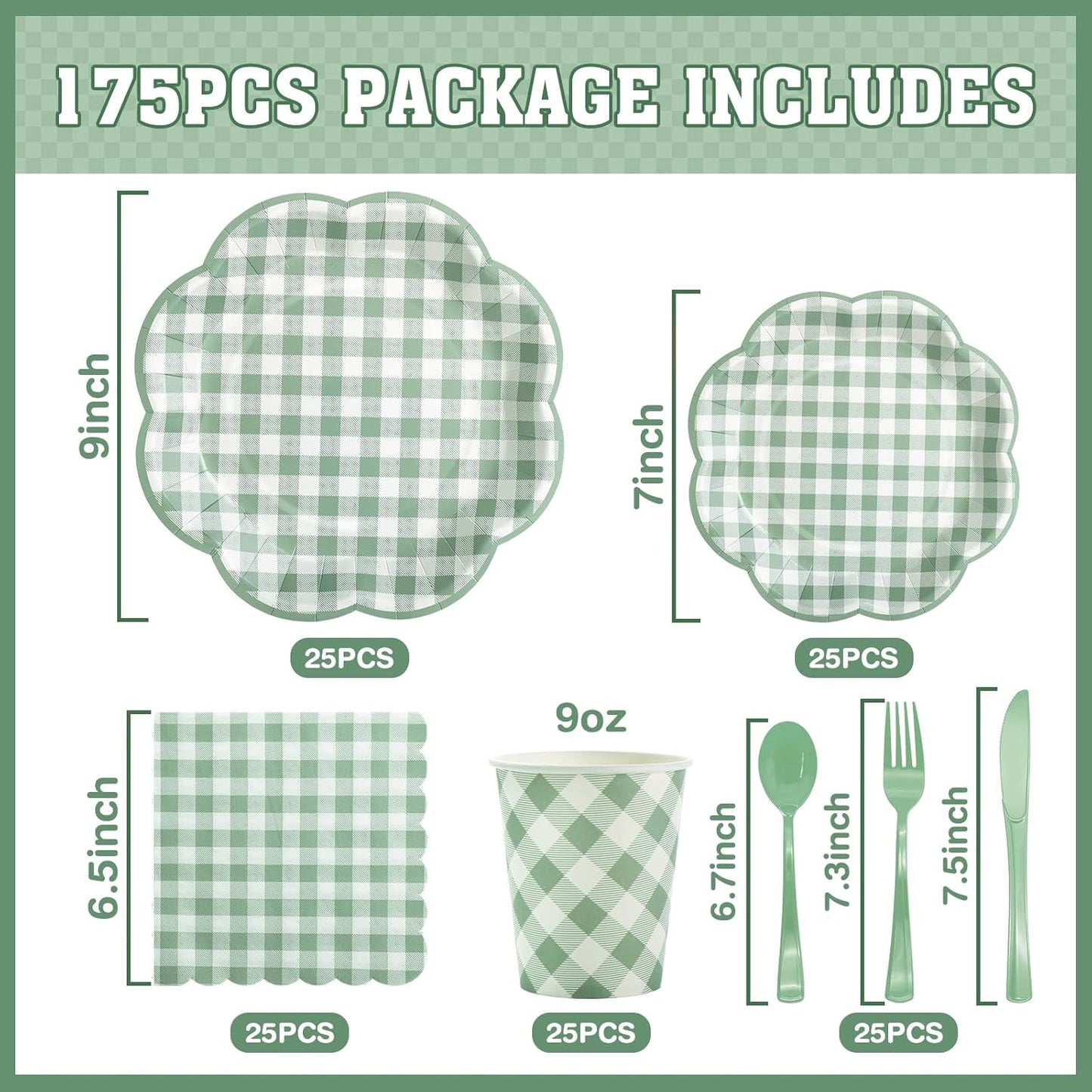 175 Pcs Sage Green Gingham Paper Plates and Napkins Party Supplies - Sage Green and White Checkered Plates Scalloped Plaid Plate for Birthday Dinner Picnic BBQ Party Decorations, Serve 25 Guests