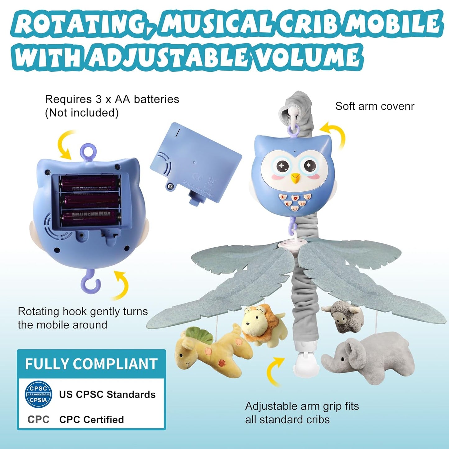 Baby Crib Mobile with Music and Lights for Boys Musical Mobile Animals for Crib Bassinet Girls Toys Hanging Portable Safari Nursery Decor Blue